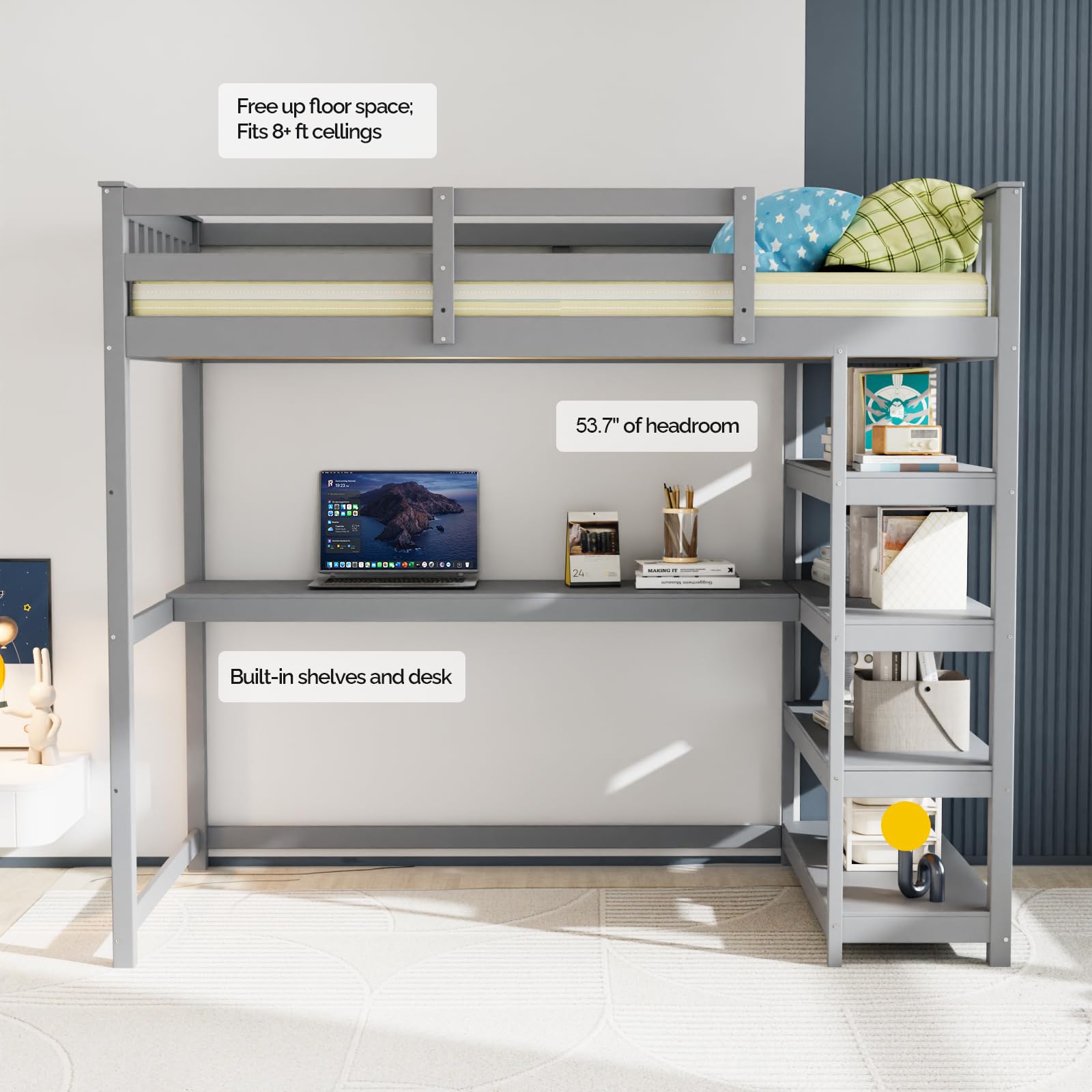 JOYMOR Twin Size Bunk Bed with Built-in Desk & 4-Layer Shelves - Space-Saving Loft Bed with Under Desk Storage & Bookcase - Sturdy Bed Frame for Kids, Teens & Adults - Perfect for Small Bedrooms, Dorms & Studio Apartments