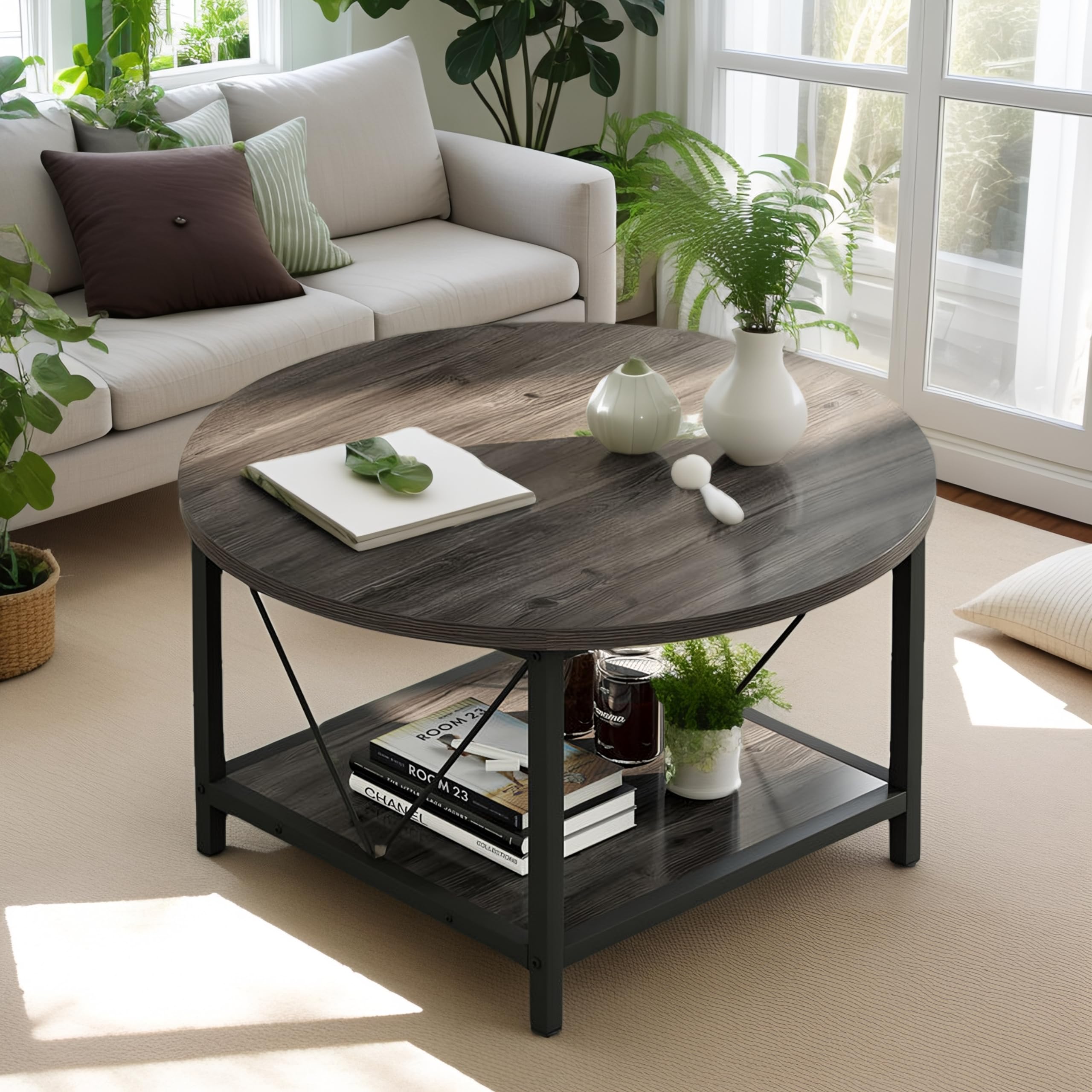YITAHOME Modern Round Coffee Table with Storage - 2 Tier Wooden Circle Center Table with Metal Frame, Gray - Perfect for Living Room, Small Spaces & Home Decor