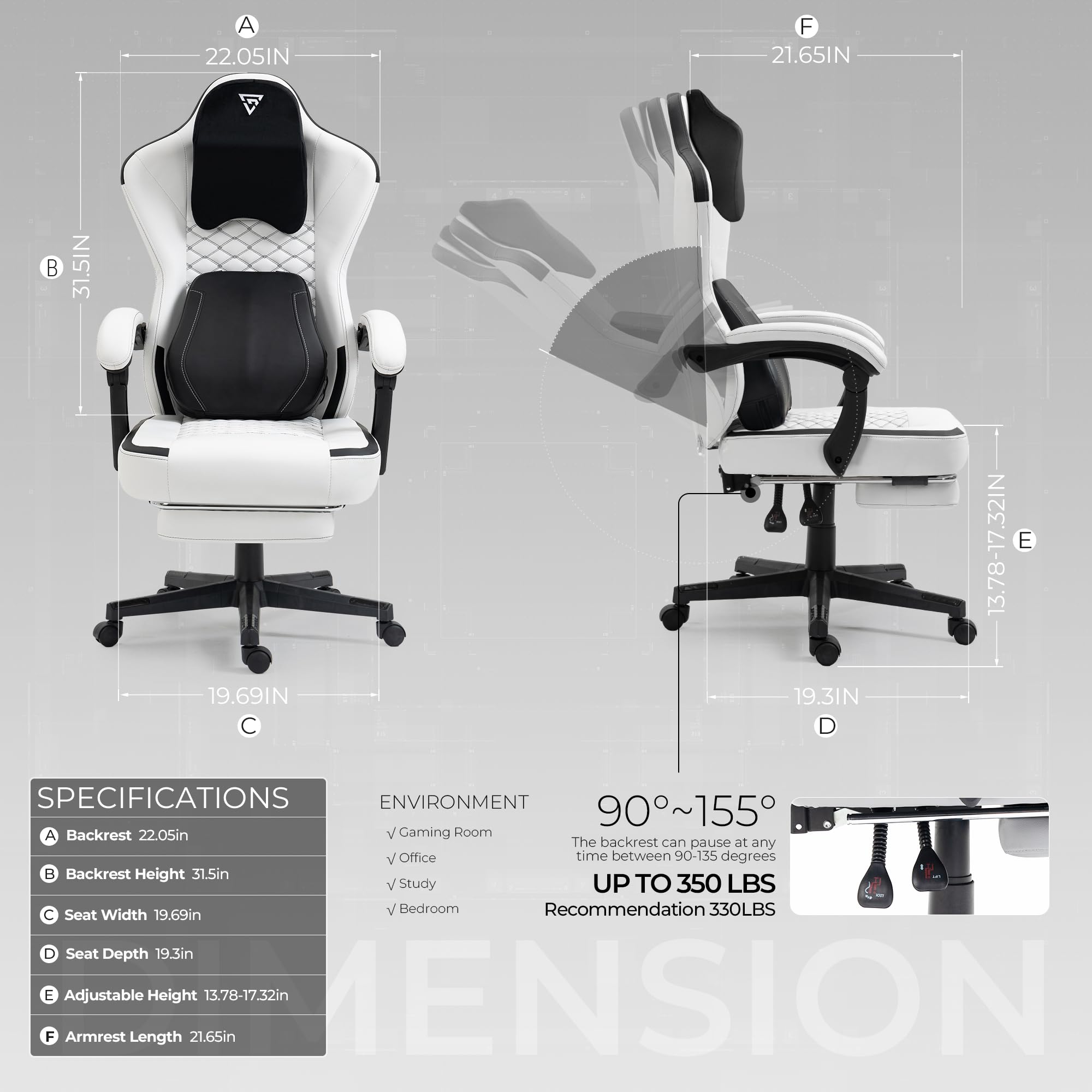 Premium Ergonomic Gaming Chair with Heated Massage & Lumbar Support - Reclining High Back PC Chair with Pocket Spring Cushion & Footrest - 330lbs Weight Capacity (White) - Perfect for Esports, Office Work & Home Gaming Setup
