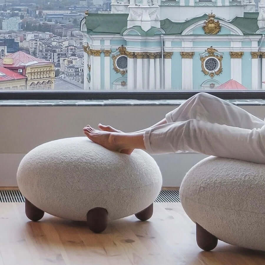 Japandi Style White Boucle Sherpa Round Accent Chair with Wooden Legs & Ottoman - Modern Scandinavian Minimalist Lounge Chair for Living Room, Bedroom or Office