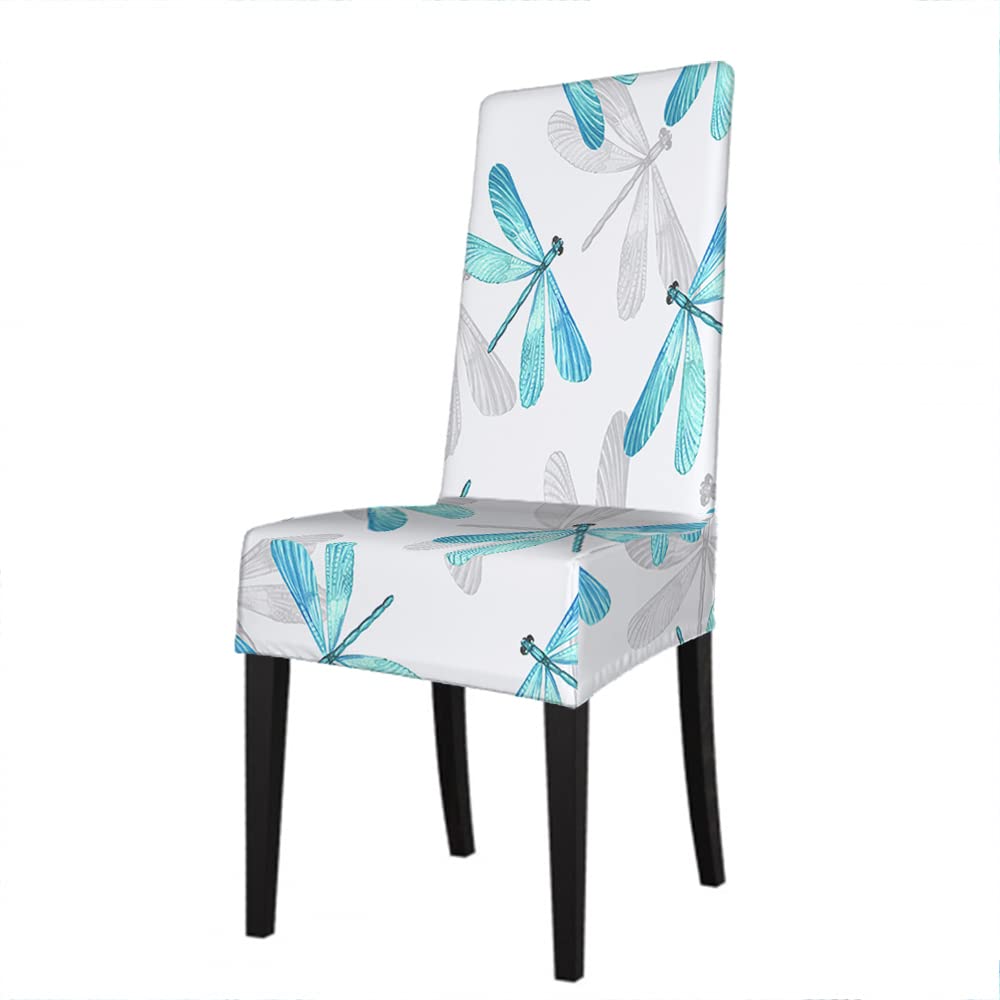 EKOBLA Blue Dragonfly Vintage Stretch Washable Dining Chair Covers - Spring Gray Wing Design, Removable Slipcovers for Kitchen, Dining Room, and Outdoor Furniture Protection