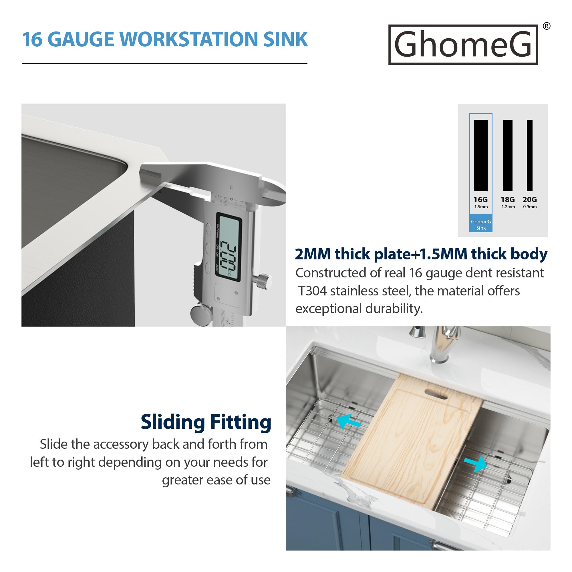 28x19 Inch Undermount Kitchen Sink - GhomeG T304 Stainless Steel 16 Gauge Single Bowl Workstation Sink with Round Corners | Under Counter Installation for Modern Kitchens, Food Prep & Dishwashing