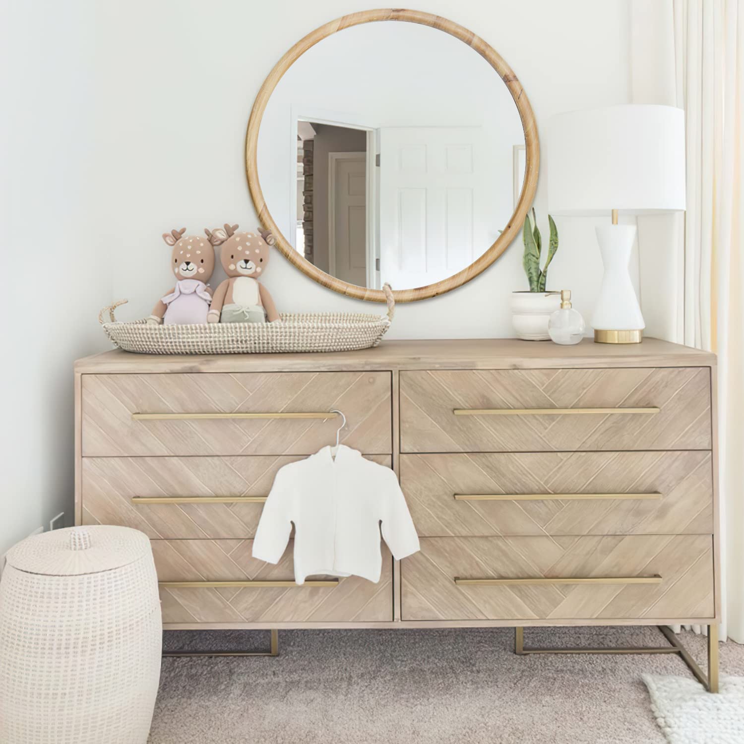 Sawsile 24 Inch Natural Wood Round Mirror - Rustic Farmhouse Decorative Wall Mirror for Living Room, Fireplace, Hallway - Perfect for Home Decor & Cozy Spaces