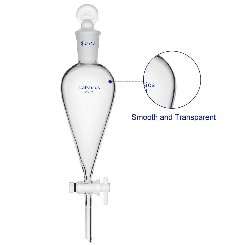 Labasics 250ml Borosilicate Glass Conical Separatory Funnel with PTFE Stopcock - 250mL for Chemistry Lab, Essential Oil Extraction & Liquid Separation