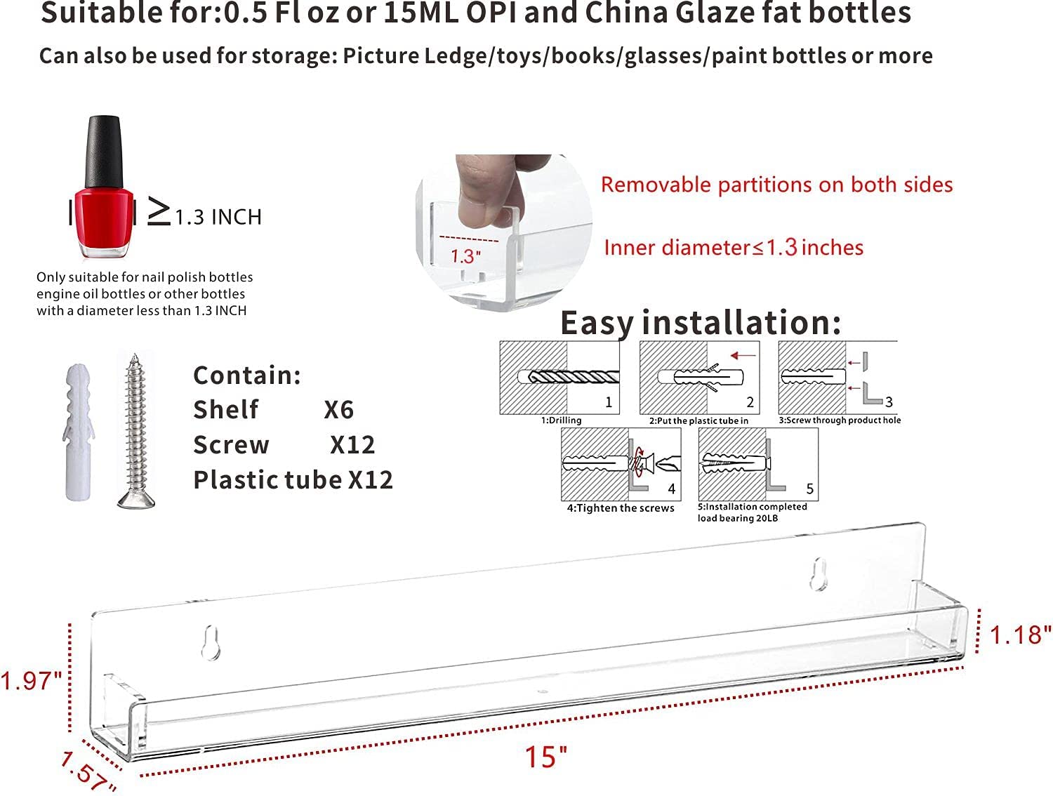 6 Pack Clear Wall Mounted Nail Polish Rack - Holds 72 Bottles, 15 Inch Nail Polish Organizer & Storage Shelf for Nail Technicians - Perfect for Salon, Spa, Home & Professional Nail Art Display