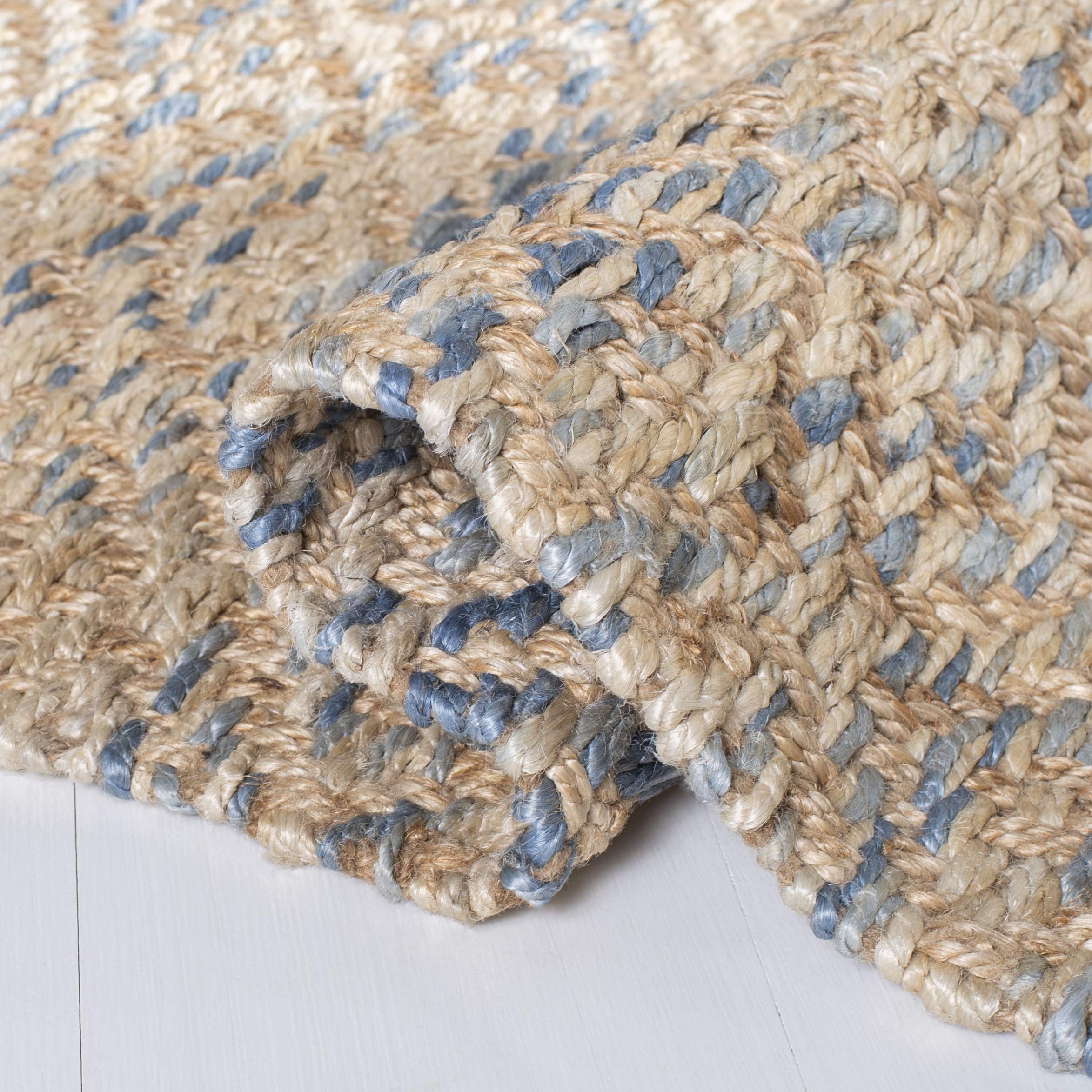 SAFAVIEH Handmade Woven Jute Area Rug 5' x 8' - Natural & Blue, Fringe Detail, Eco-Friendly Natural Fiber for Living Room, Bedroom & High Traffic Areas | Durable Floor Decor for Cozy Home & Office Spaces (NF822A)