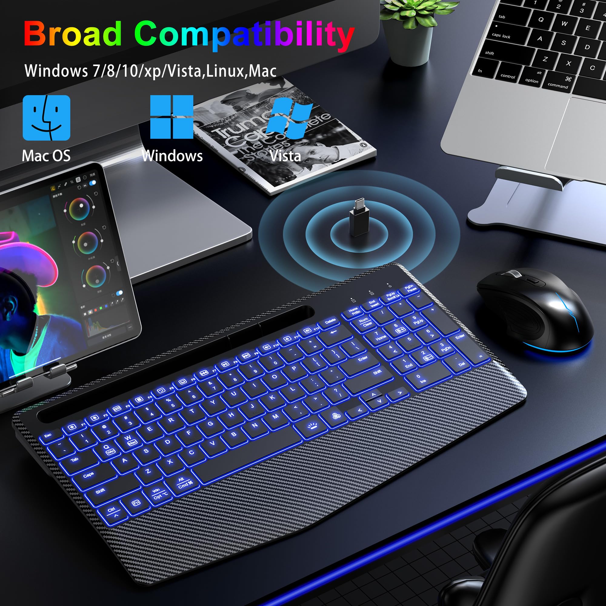 Ergonomic Wireless Keyboard and Mouse Combo with RGB Backlit, Rechargeable & Quiet Design - Includes Phone Holder & Wrist Rest for Mac, Windows, PC, Laptop | Perfect for Office, Gaming & Home Use