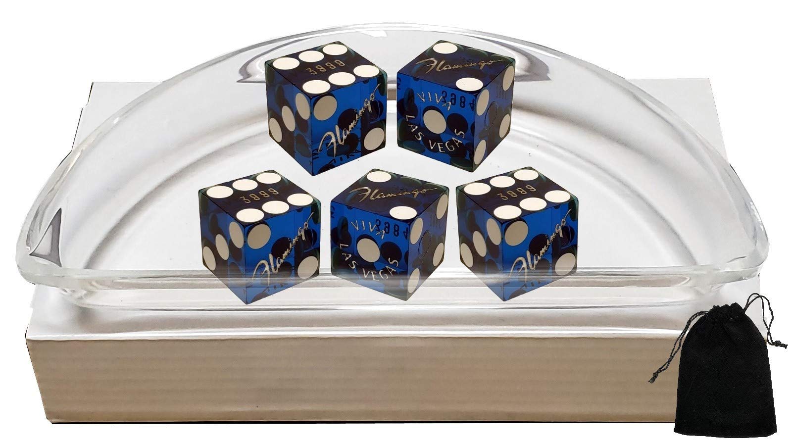 Set of 5 Las Vegas Casino 19mm Professional Craps Dice with Clear Acrylic Dice Boat & Black Velvet Pouch - Flamingo Blue Polished - Perfect for Casino Games, Gambling Nights & Tabletop Gaming