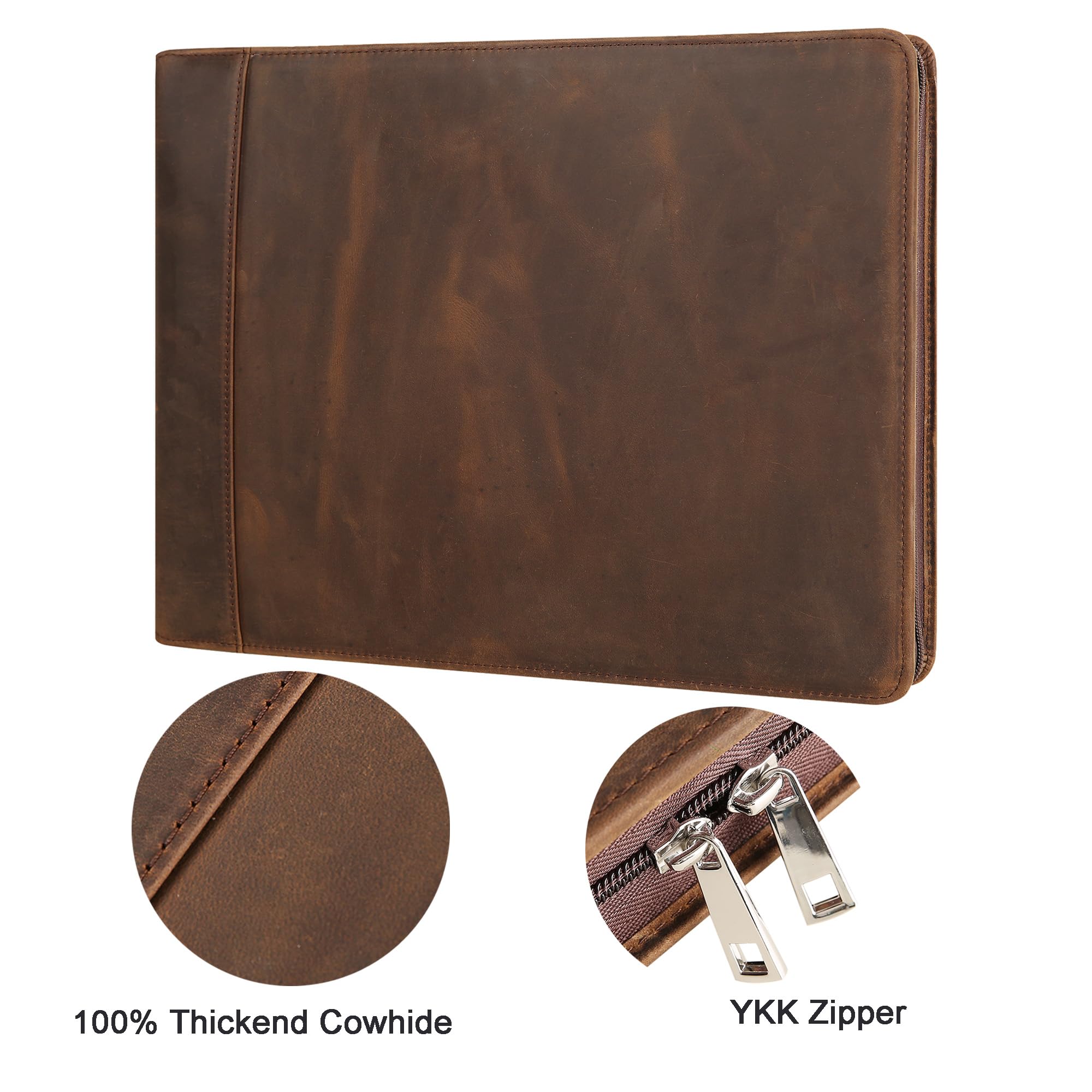 Premium Leather Business Checkbook Binder - 7-Ring Zippered Organizer with Checkbook Holder for 3 Per Page Checks, 600 Checks Capacity for 9x13 Inch Sheets, Dark Khaki - Ideal for Office, Accounting & Financial Management