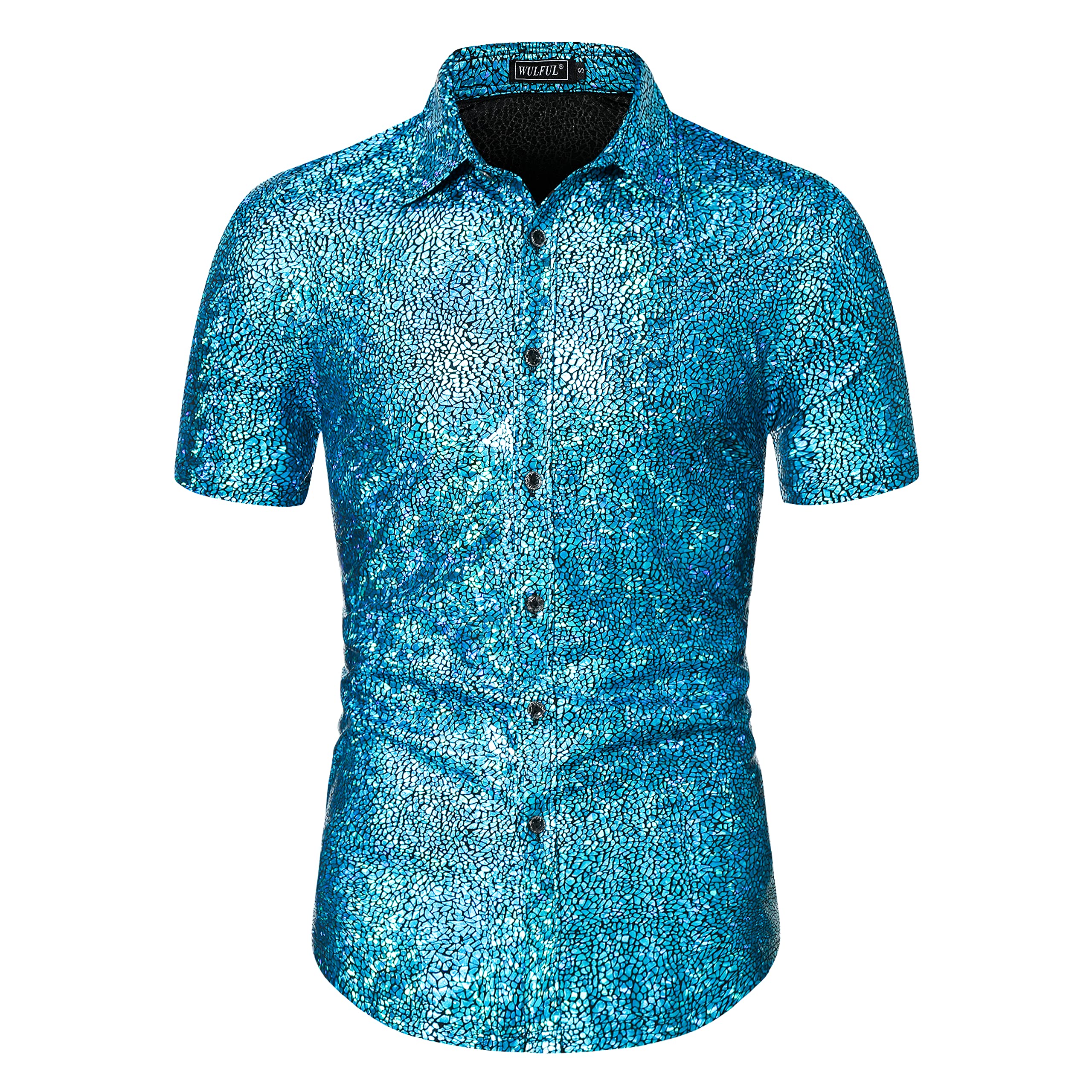WULFUL Men's Disco Shirt with Sequins - 70s Vintage Short Sleeve Button Down Party Shirt for Costume, Club, and Retro Theme Events | Perfect for Halloween, Disco Nights, and 70s Themed Parties