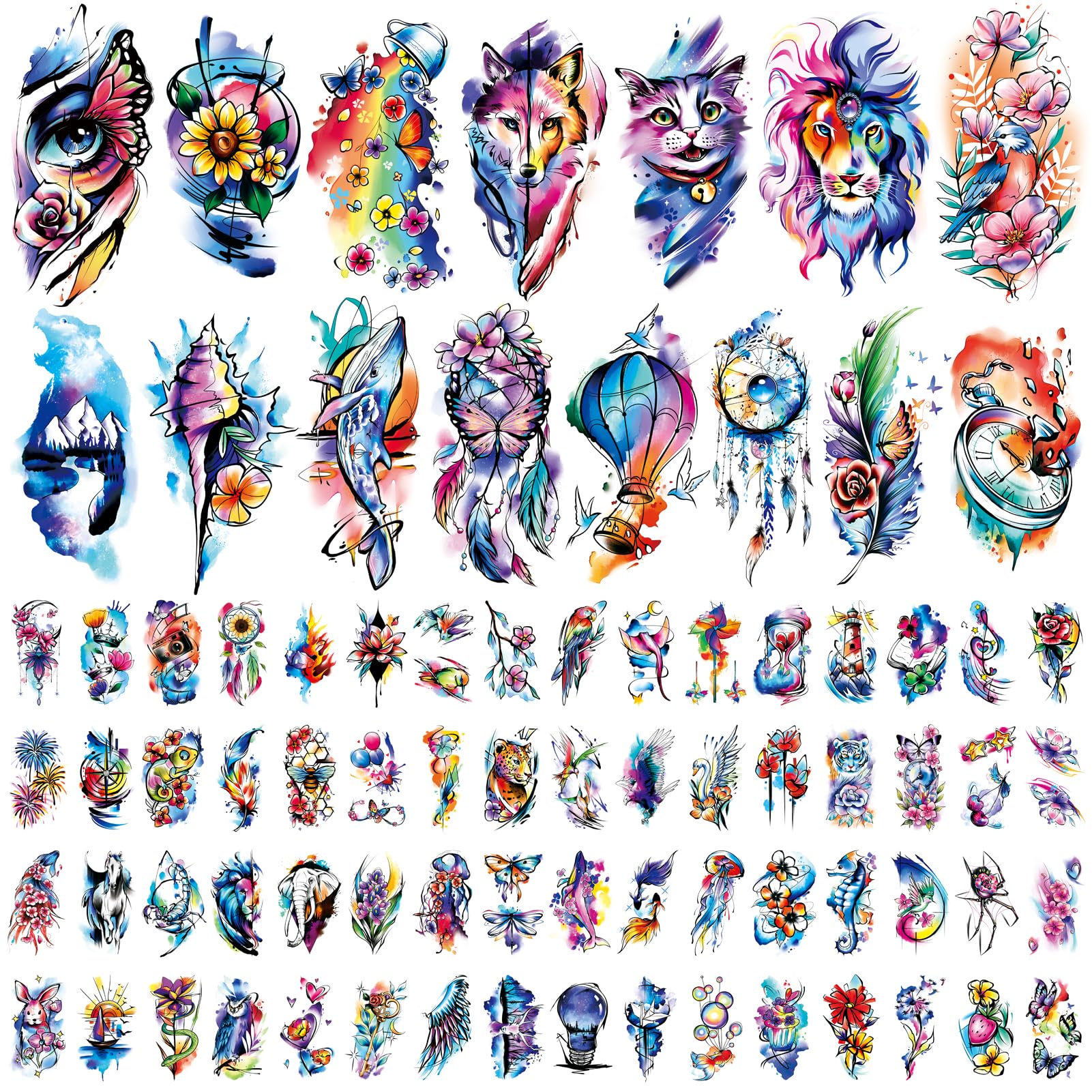 79 Sheets Realistic Temporary Tattoos for Adults & Kids - Waterproof Fake Tattoos with Lion, Cat, Rabbit & Butterfly Designs - Long Lasting Body Art Stickers for Women & Girls - Perfect for Parties, Festivals & Costume Events