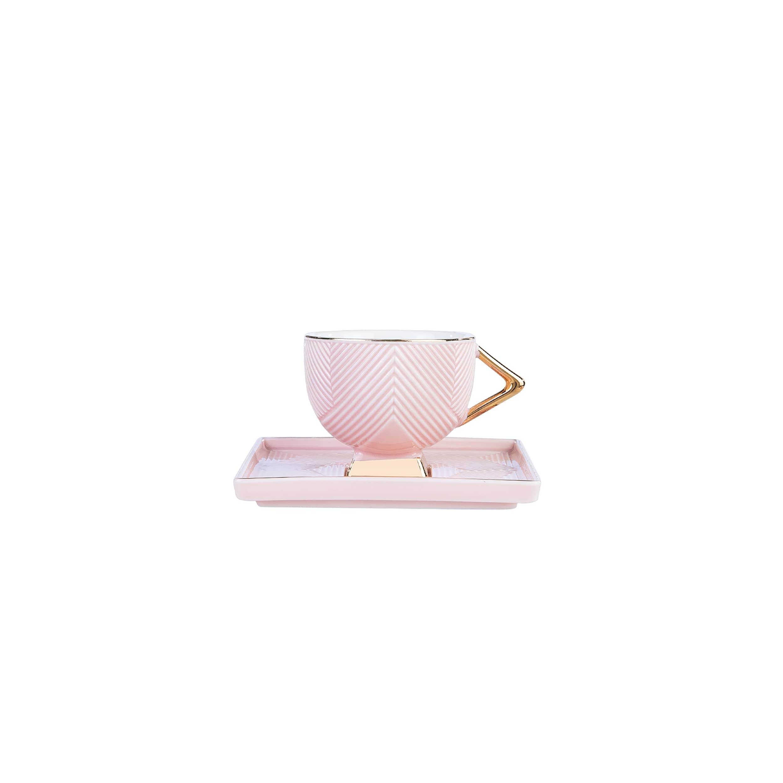KARACA Art Deco Pink 4-Piece Porcelain Espresso Cups Set with Saucers - Durable Mocha Cups for 2 People, Thick Rim Coffee Cups for Home, Cafe & Gifts | Perfect for Espresso, Cappuccino & Latte