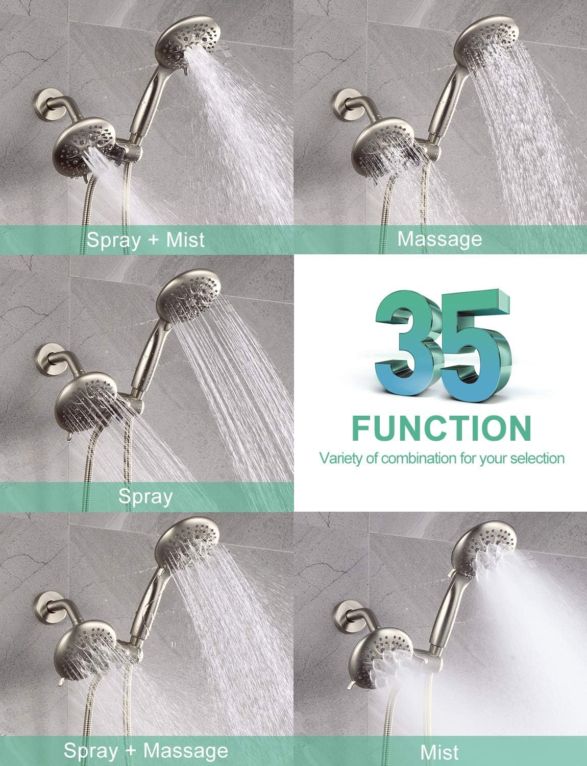 SR SUN RISE 35-Function Dual Shower System with Rain Shower Head & Tub Spout - High Pressure 2-in-1 Shower Combo Faucet Set in Brushed Nickel - Includes Patented 3-Way Diverter Valve - Perfect for Bathroom Renovation & Spa-Like Shower Experience