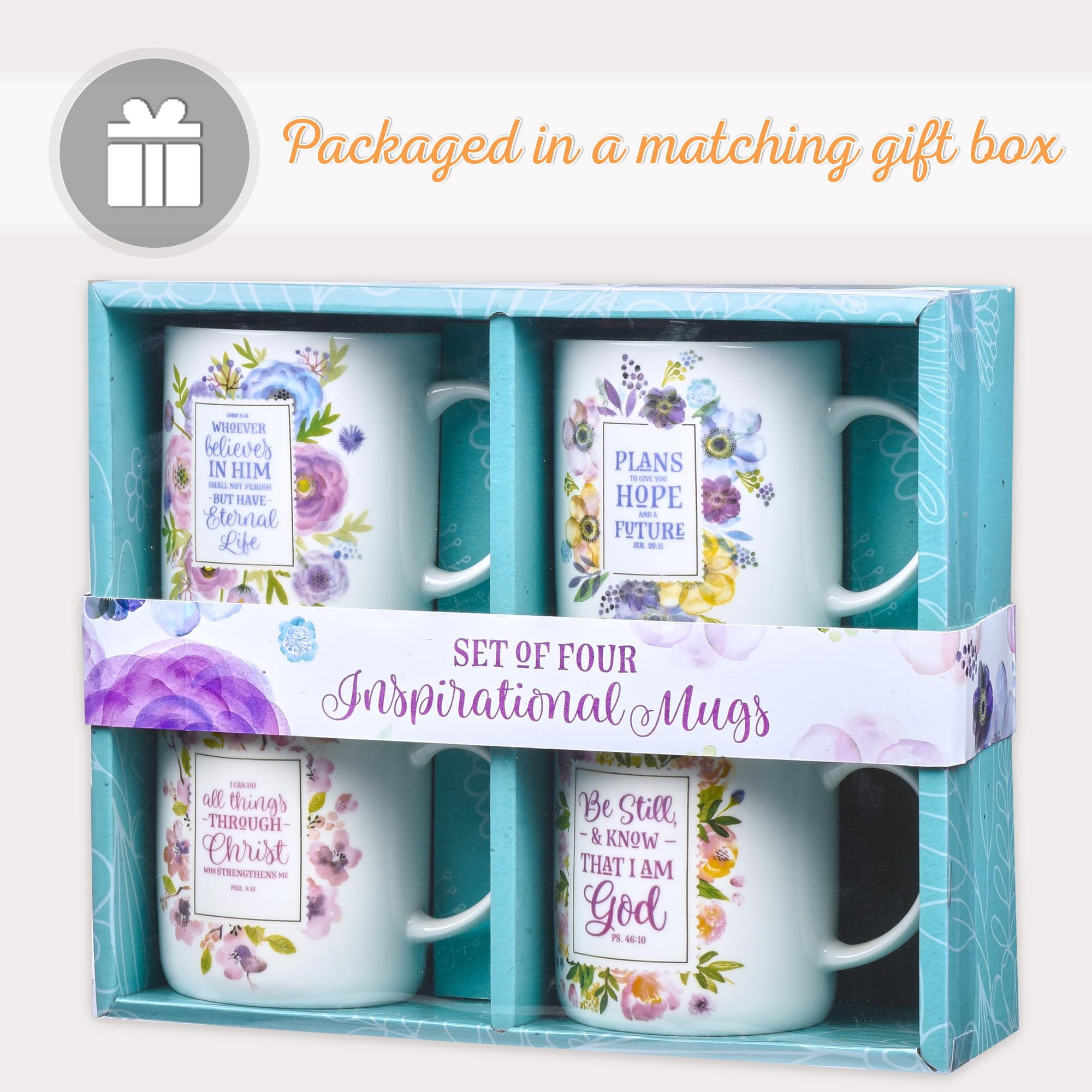 Inspirational Christian Ceramic Coffee & Tea Mug Set for Women - Watercolor Flowers & Bible Verse Design | Boxed Set of 4 | Perfect for Bible Study, Prayer Time & Christian Gift Giving