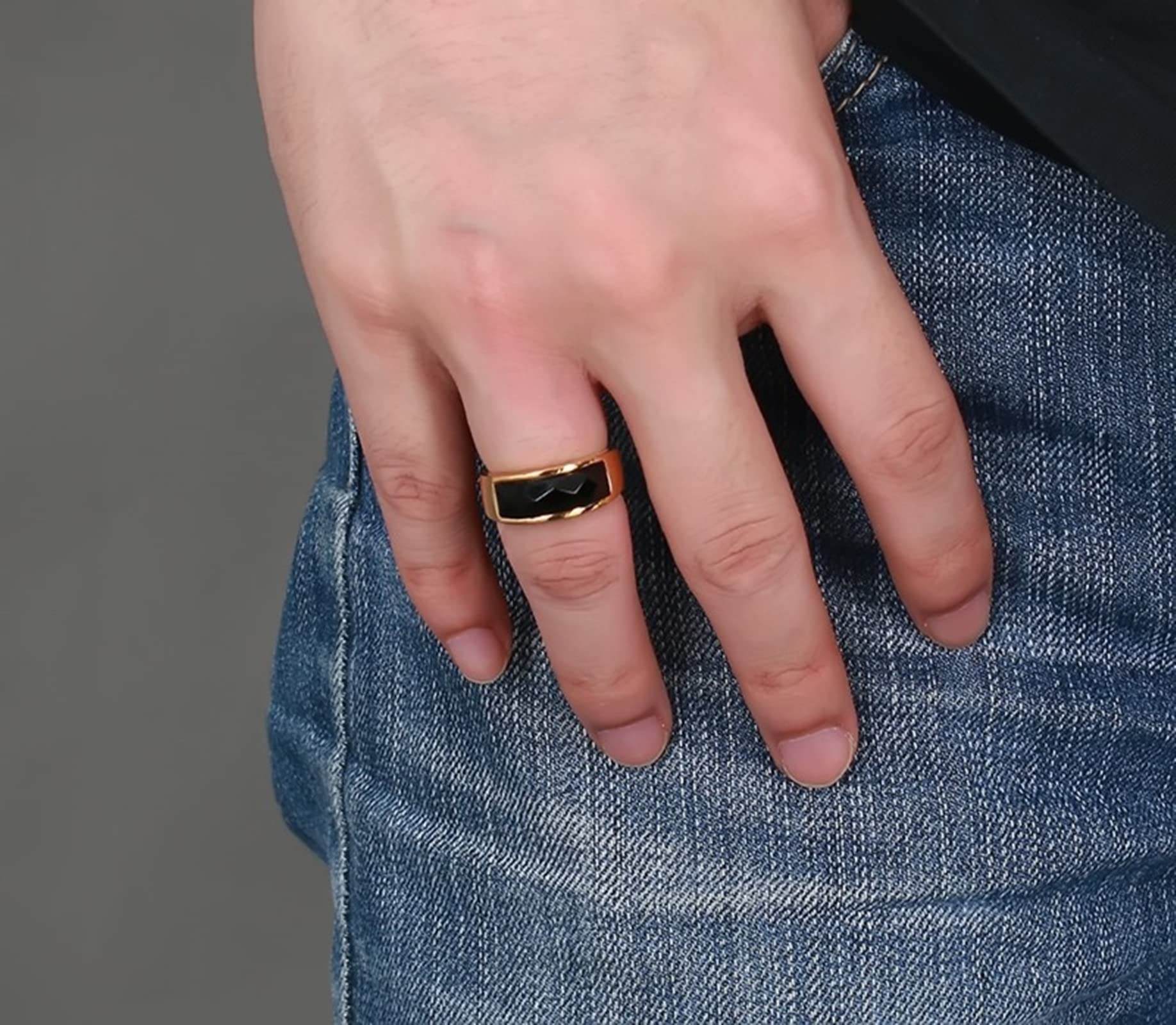 Promise Rings for Couples - Gold & Black Stainless Steel Men's Wedding Band with Black Onyx - Durable Engagement Ring for Him - Perfect for Anniversaries, Proposals & Romantic Gifts