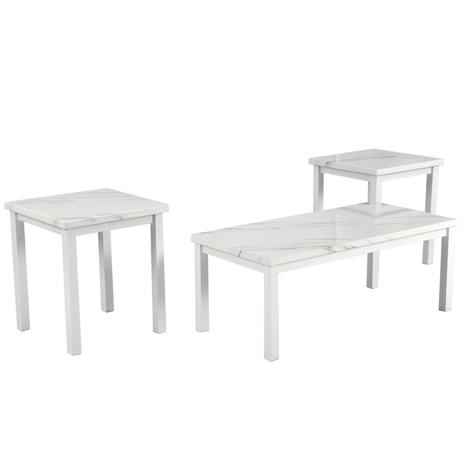 Stylish AWQM Faux Marble Coffee Table Set of 3 - White Metal Frame Accent & End Tables for Living Room Decor | Perfect for Small Spaces, Apartments & Modern Home Furnishing