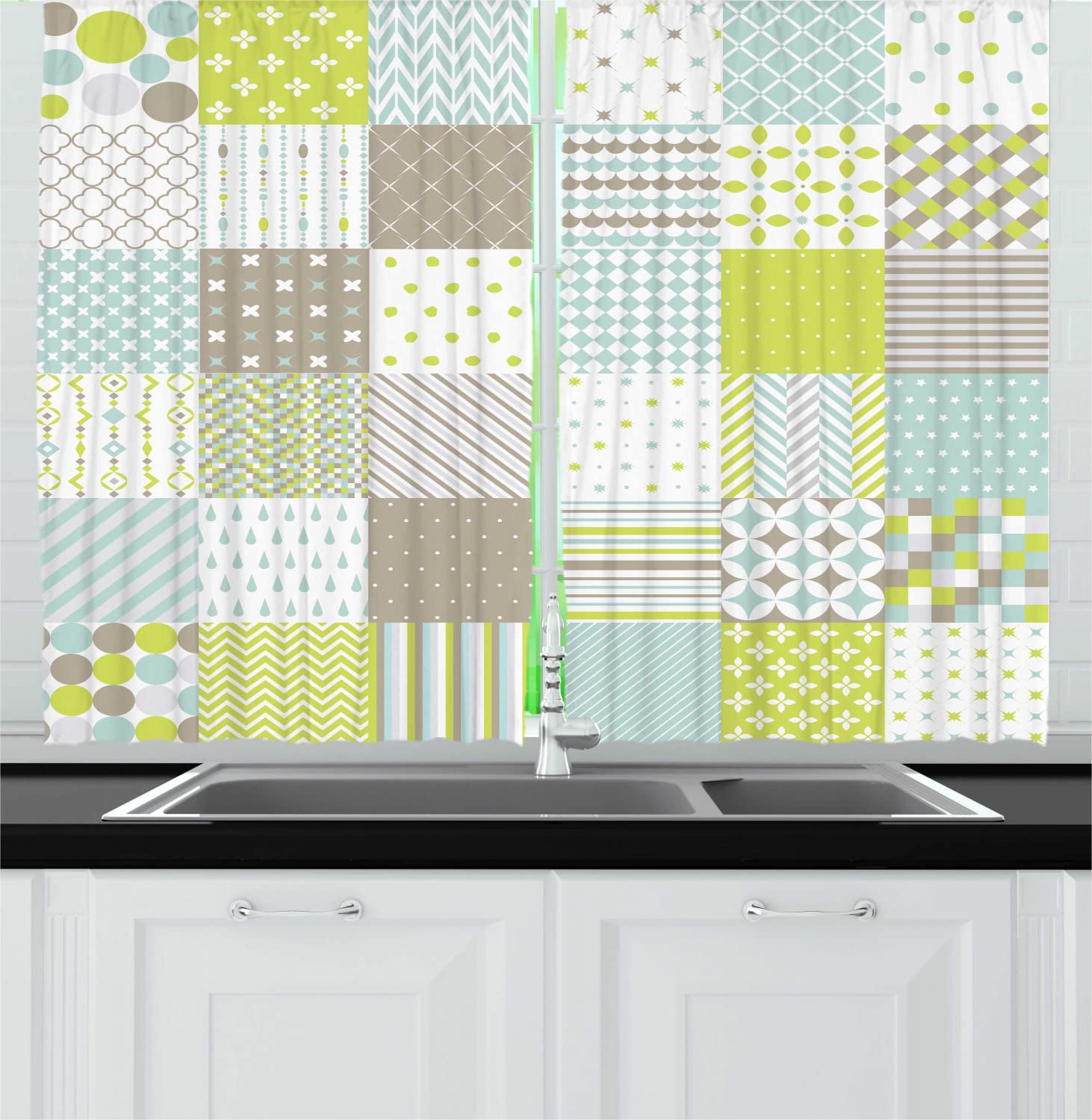Ambesonne Geometric Long Kitchen Curtains - Patchwork Style with Polka Dots & Stripes, 2 Panel Rod Pocket Drapes 55