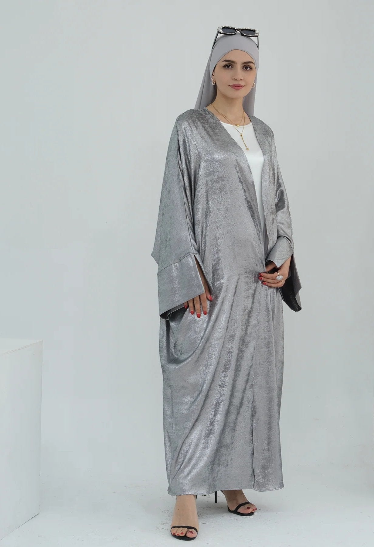 Celine Shimmer Kimono Open Abaya - Elegant Silver Muslim Abaya Dress for Women | Perfect for Prayer, Special Occasions & Evening Wear