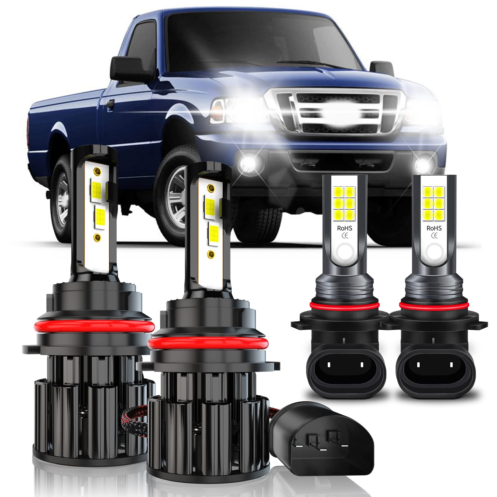 Ford Ranger LED Headlight Bulbs 1998-2019 (9007/9006/9004) - 60W 10000LM 6000K Cool White High/Low Beam & Fog Light Kit - Easy Plug & Play Installation - Pack of 4 - Perfect for Night Driving & Off-Road Adventures