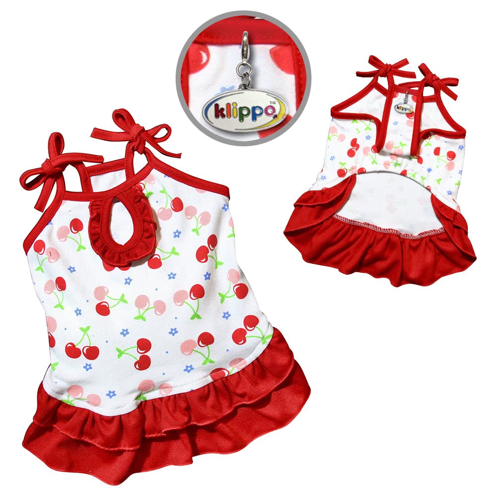 Klippo Cherries Sundress for Small Dogs - Soft Knit Cotton Picnic Dress with Adjustable Shoulder Straps (XL) | Perfect for Summer Outings, Beach Trips & Photo Shoots