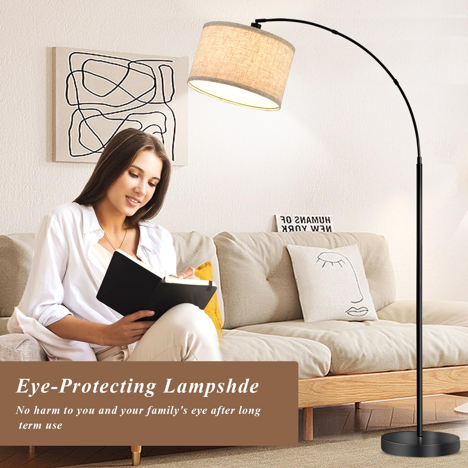 Modern Dimmable Arc Floor Lamp with Adjustable Head - Black Standing Light for Living Room, Bedroom & Office - Includes 8W LED Bulb - Perfect for Reading, Over Couch Lighting & Home Decor