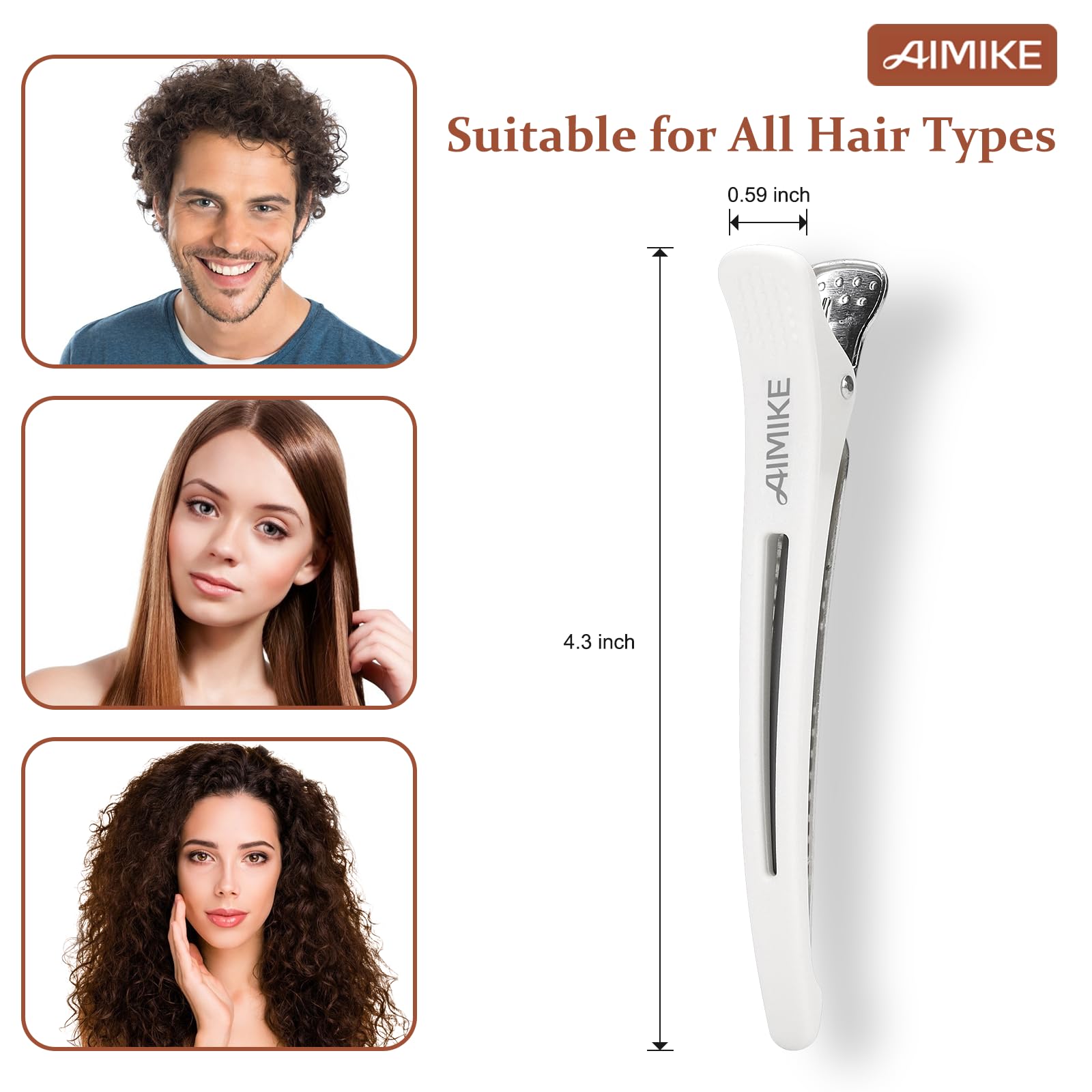AIMIKE 6pcs Professional Hair Clips for Styling & Sectioning - Non-Slip No-Trace Duckbill Hair Clips with Silicone Band for Salon & Home Use - Great for Hairdressers, Women & Men (White, 4.3