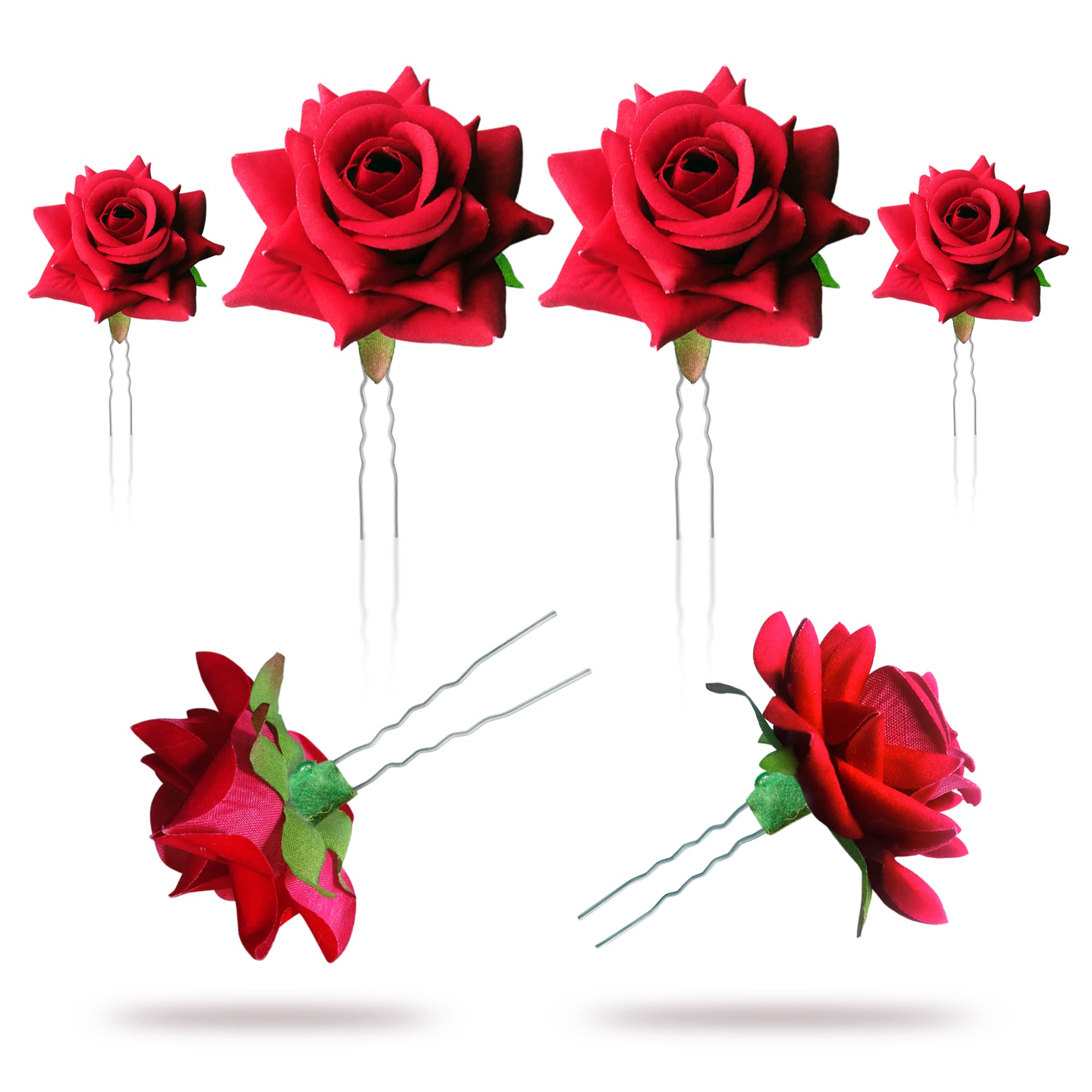 Sanas Floral Hair Clips Set of 4 - Red Rose Hair Accessories for Women, Wedding Hair Pins with Artificial Flowers, Decorative Hair Clips for Bridal, Prom, Party and Special Occasions