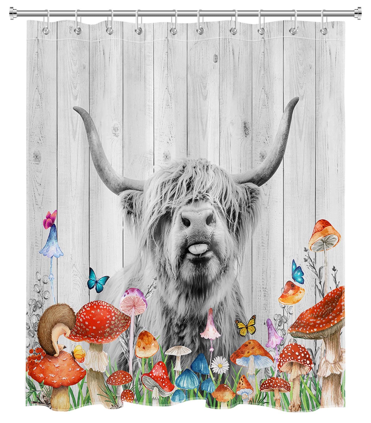 LB Retro Mushroom Highland Cow Shower Curtain - Funny Western Wildlife Bull Cattle Farmhouse Bathroom Decor, 60x72 Inch Rustic Wood Board Fabric Shower Curtain with Hooks - Perfect for Farmhouse, Cottage, or Vintage Style Bathrooms