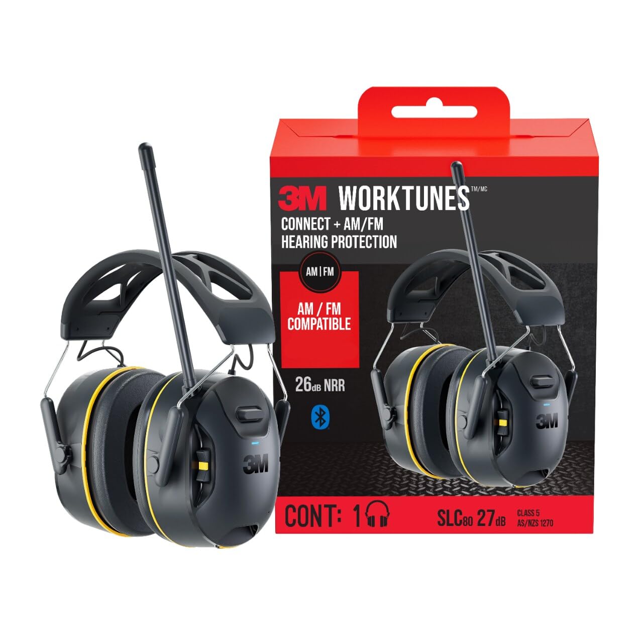 3M WorkTunes Connect AM/FM Wireless Hearing Protector with Bluetooth Technology - 26 dB NRR Noise Canceling Headphones for Construction, Woodworking & Lawn Mowing Safety Gear