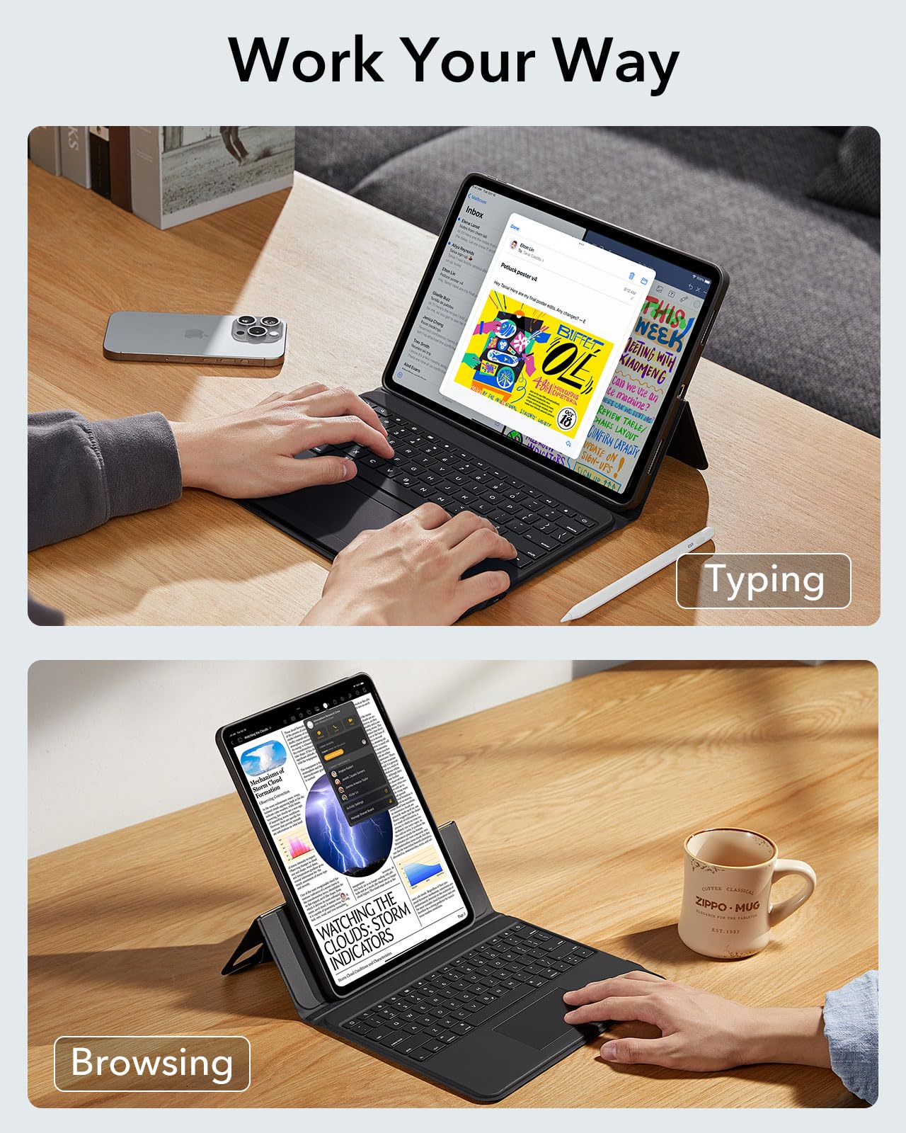 ESR Ascend iPad Pro 13 Inch Case with Detachable Backlit Keyboard (2024 M4 Model) - Magnetic Multi-Touch Trackpad, Adjustable Stand for Portrait/Landscape Viewing, Includes Apple Pencil Holder - Perfect for Work, Study & Travel (Black)