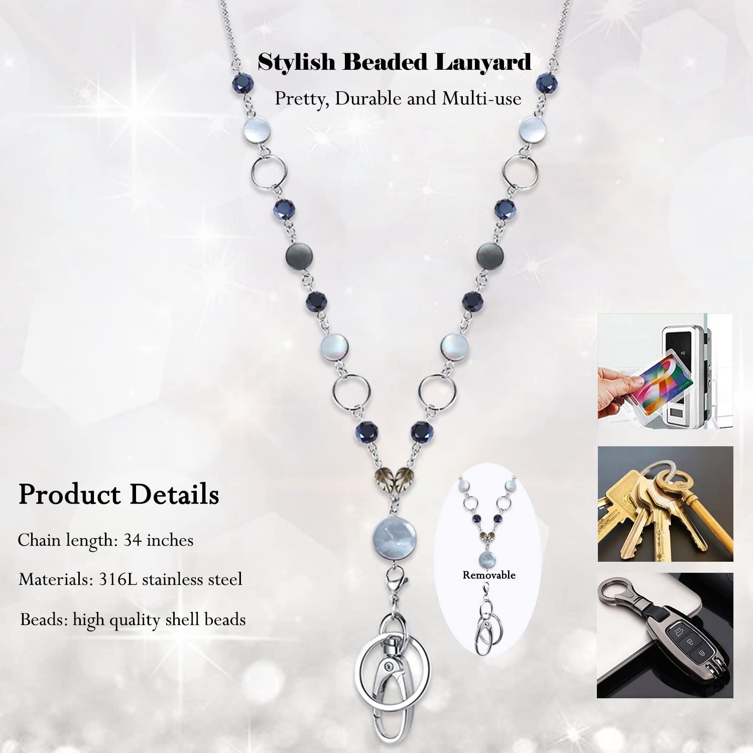 Beaded Lanyard for Women - Cute Bling Keychain & ID Holder - Office, Nurse, Teacher Jewelry