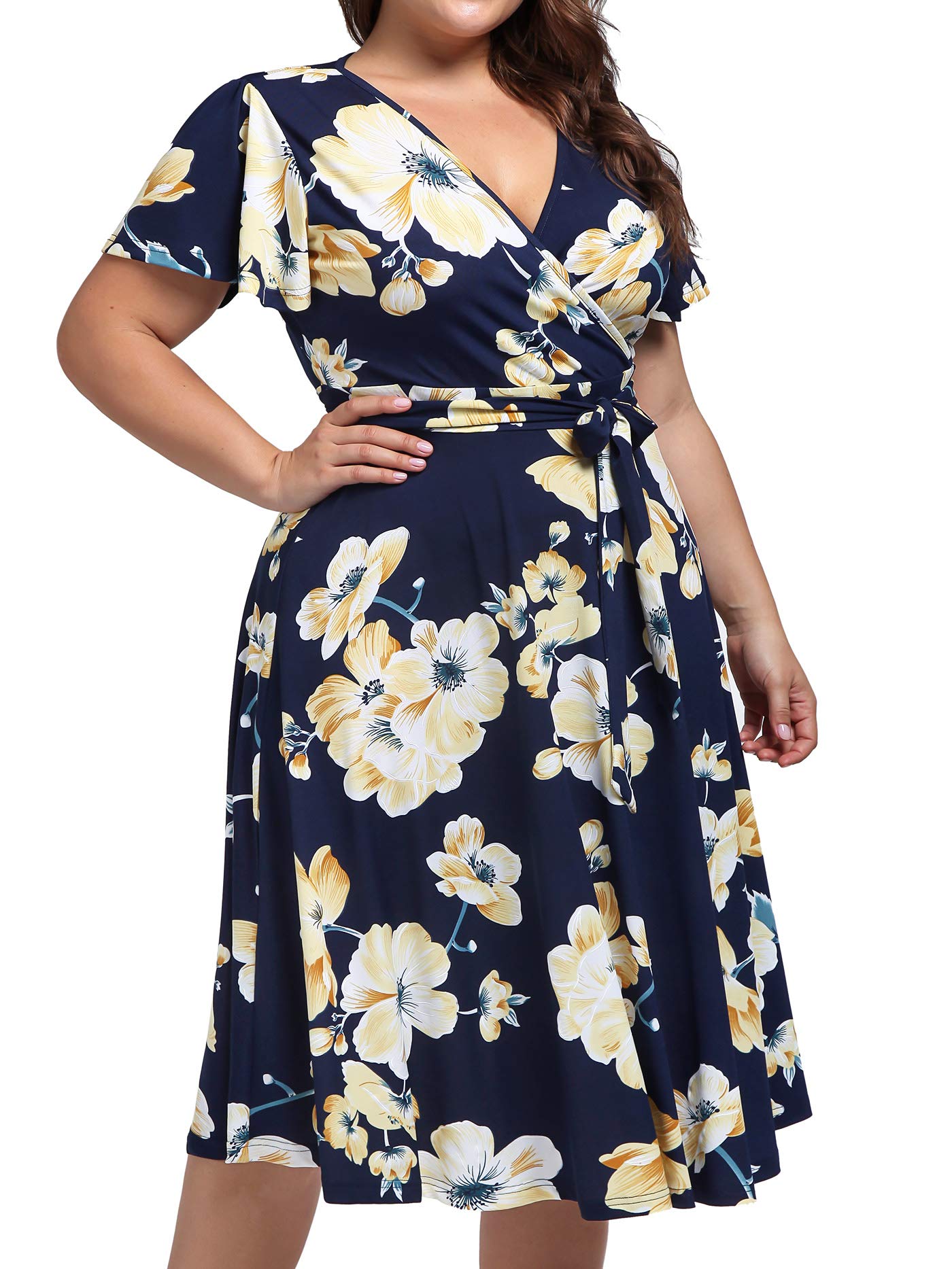 Kissmay Plus Size Women's Floral V-Neck Midi Dress with Pockets - Elegant Cocktail Party & Evening Wear for Special Occasions