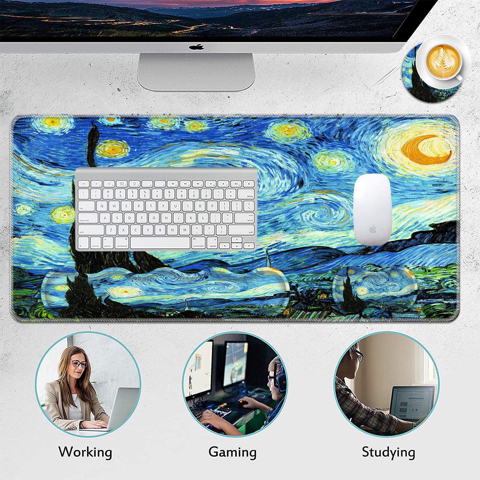 Premium Mouse Pad Set (31.5×11.8 in) - Extra Large Desk Mat with Keyboard Wrist Rest, Mouse Wrist Support & Coaster - Ergonomic Office & Home Computer Accessories for Laptop & PC Workstations - Starry Night Design
