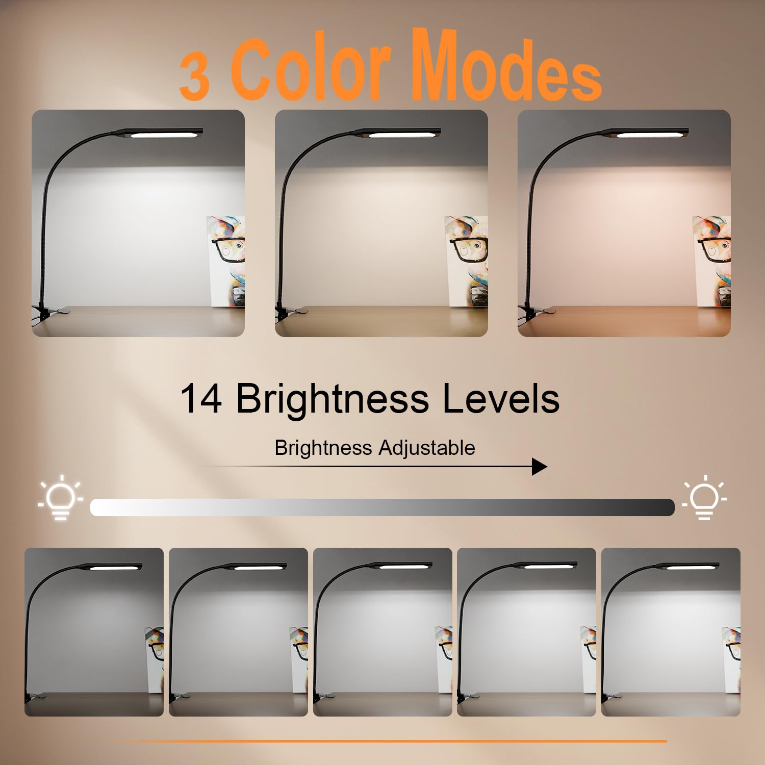 LED Clip On Desk Lamp - 3 Color Modes & 14 Brightness Levels, Dimmable Adjustable Gooseneck Reading Light with Metal Clip, 360° Rotation for Home Office Study | Perfect for Reading, Studying, Working & Nightstand Use (Black)