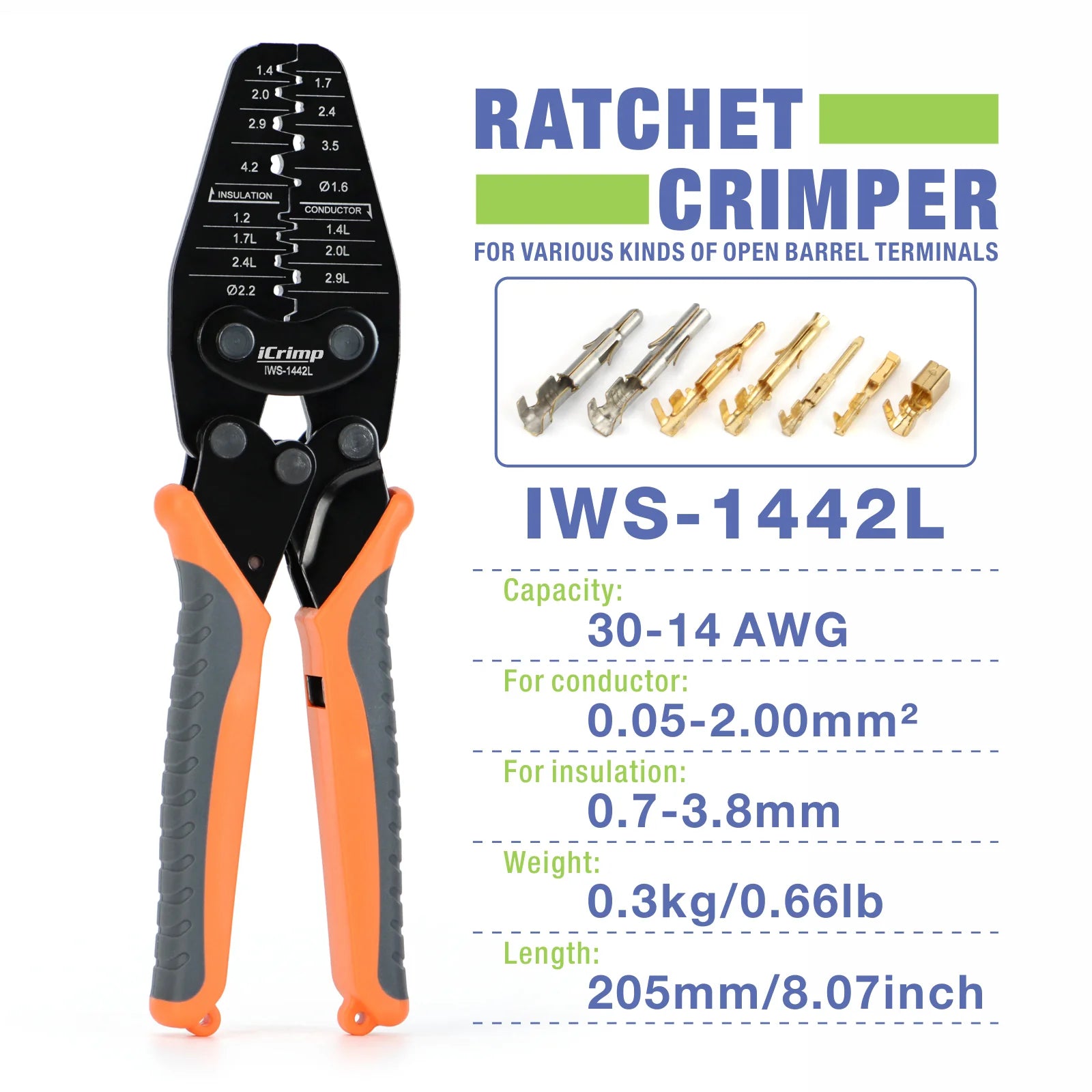 IWS 1442L Micro Connector Crimper Tool for AWG30-14 Open Barrel Terminals - Compatible with Molex & TE AMP - Ideal for Electronics, Automotive, and DIY Wiring Projects