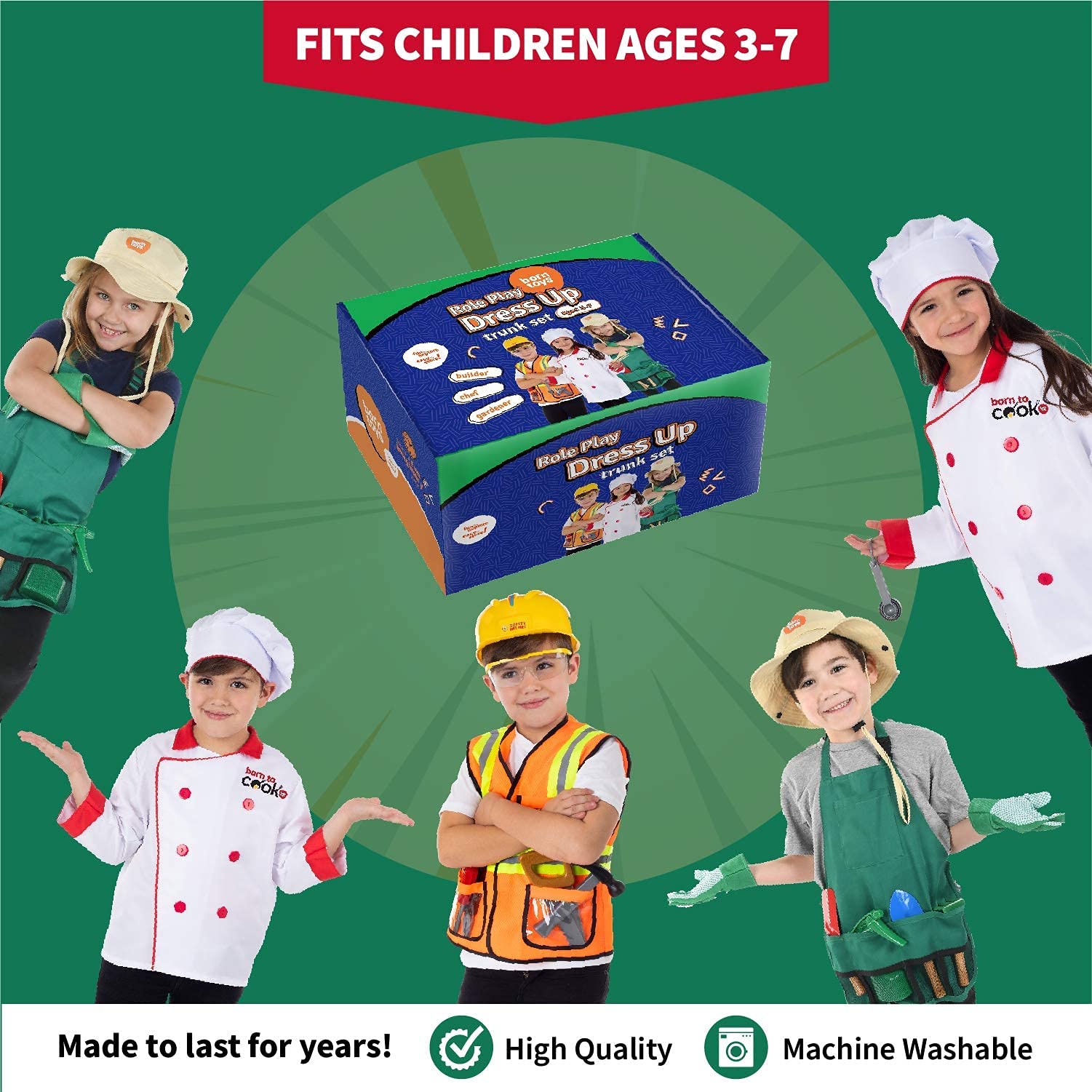 Born Toys Kids Dress Up Costume Set - Police, Fireman, Construction Worker, Gardening & Chef Role Play Outfits for Boys & Girls Ages 3-7 | Pretend Play, Birthday Parties & Halloween Costumes