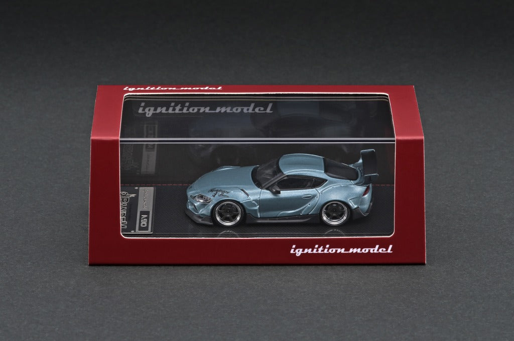 1/64 Scale PANDEM Toyota Supra A90 Diecast Model Car - Matte Blue Gray Metallic - Collectible Miniature Vehicle for Display & Racing Scenes