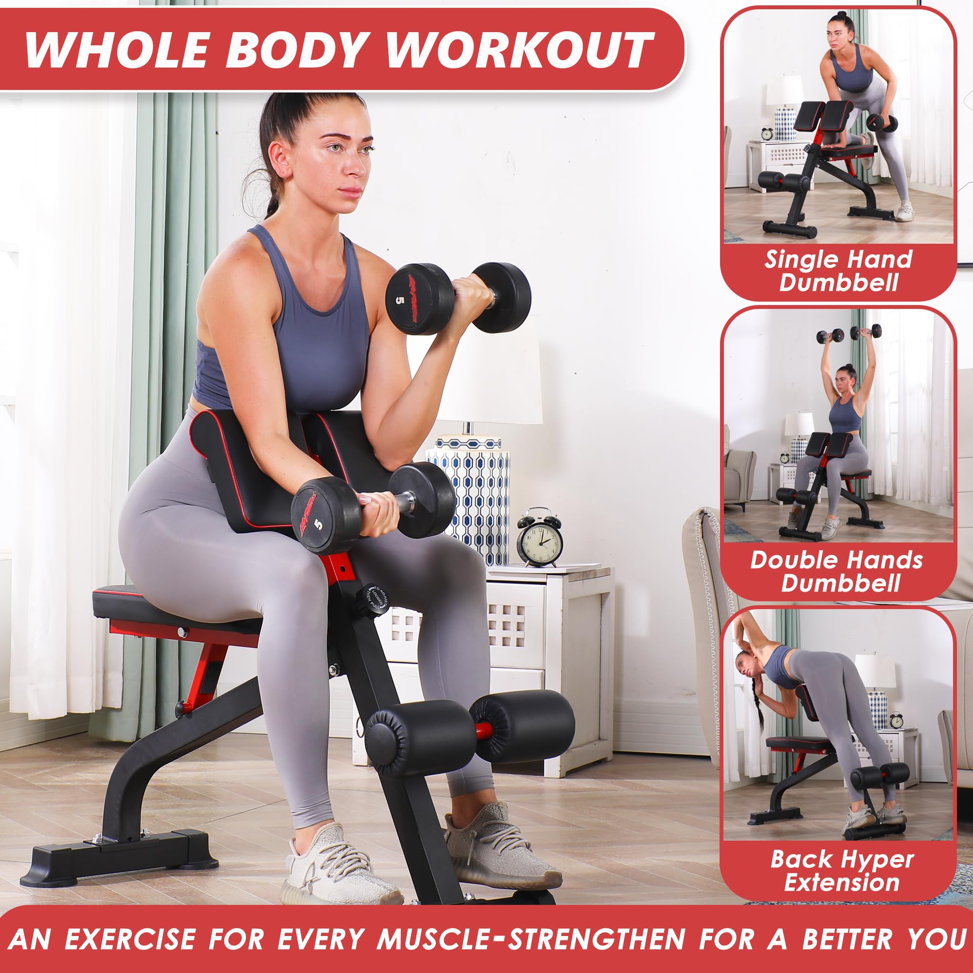 BODYRHYTHM Adjustable Weight Bench - Multi-Functional Home Gym Equipment for Strength Training, Ab Workouts & Back Exercises | Foldable Design for Small Spaces | Perfect for Full Body Workouts, Sit-Ups & Hyperextensions