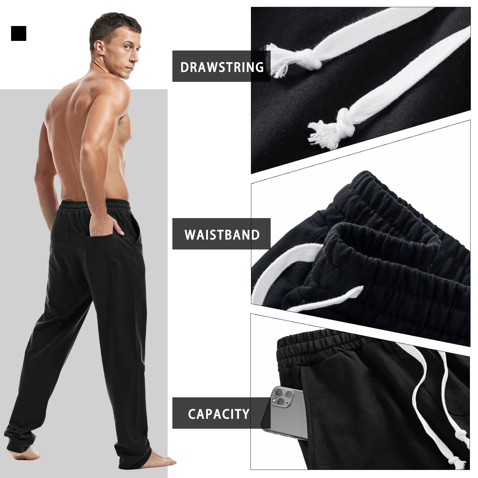 AMY COULEE Men's Cotton Athletic Pants - Open Bottom Running Sweatpants, Straight Leg Casual Joggers with Pockets for Gym, Workout & Lounge Wear