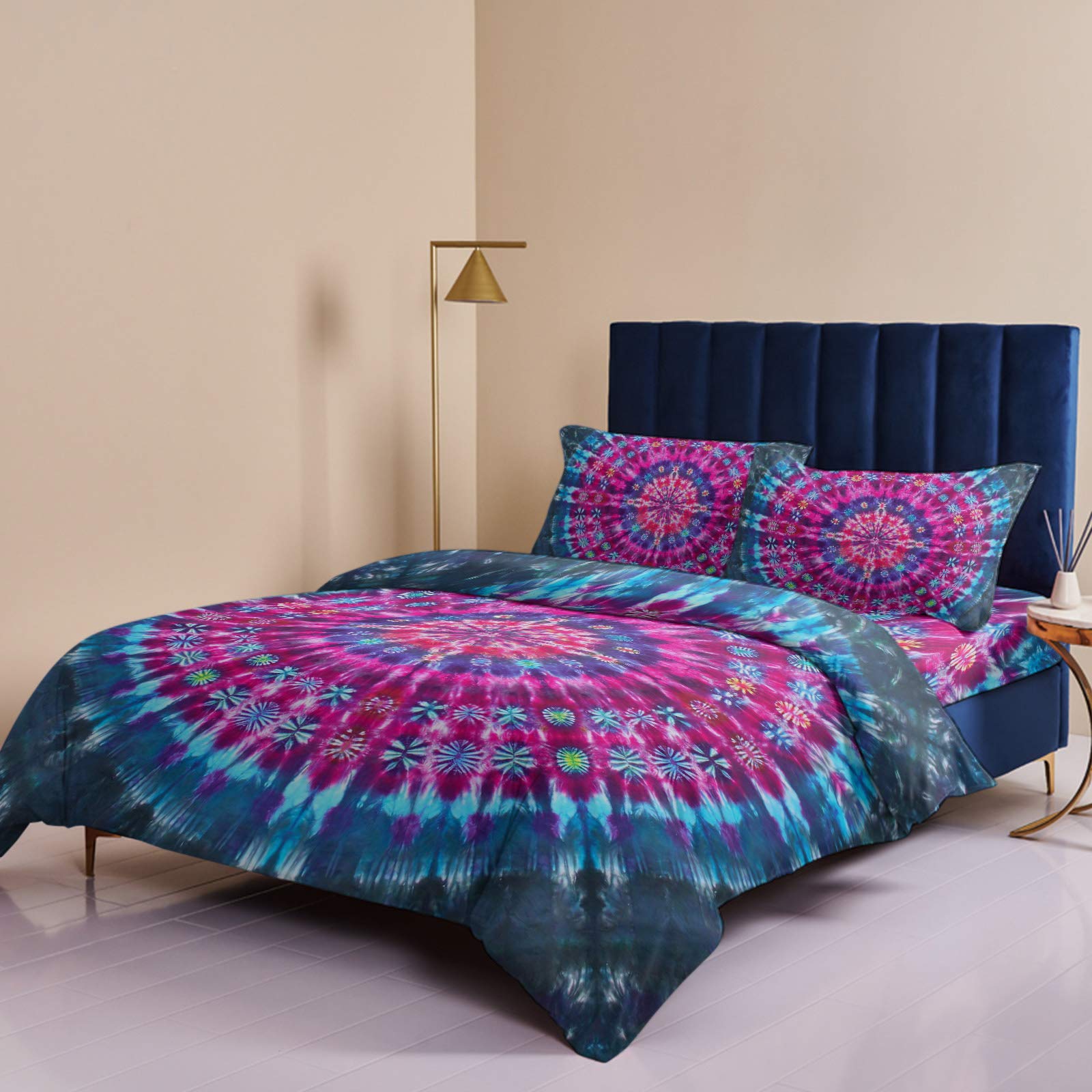 4-Piece Bohemian Mandala Tie-Dye Duvet Cover Set - California King Size Ultra Soft Quilted Bedding with 2 Pillowcases | Ethnic Hippie Style for Bedroom Decor, Guest Room & Dorm