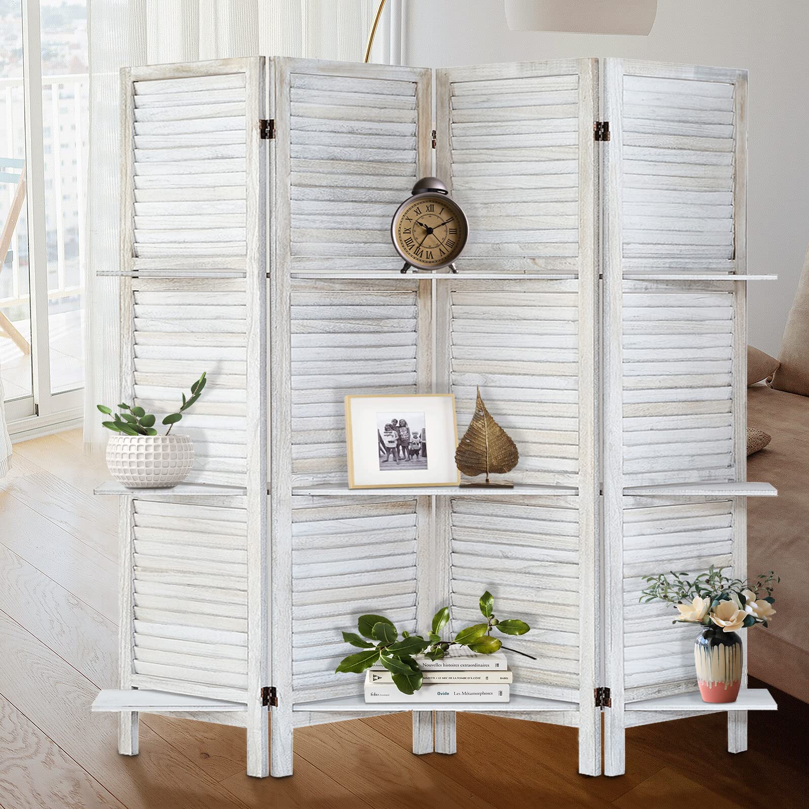 4-Panel Wooden Room Divider with Shelves - Folding Privacy Screen & Temporary Wall Partition - Coconut Finish for Home, Office & Studio Separation