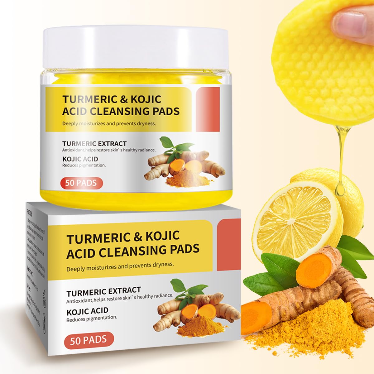 Turmeric & Kojic Acid Cleansing Pads for Dark Spots - Brightening Face Scrub Pads with Natural Ingredients for Acne & Hyperpigmentation | Daily Skincare Routine for Glowing Complexion