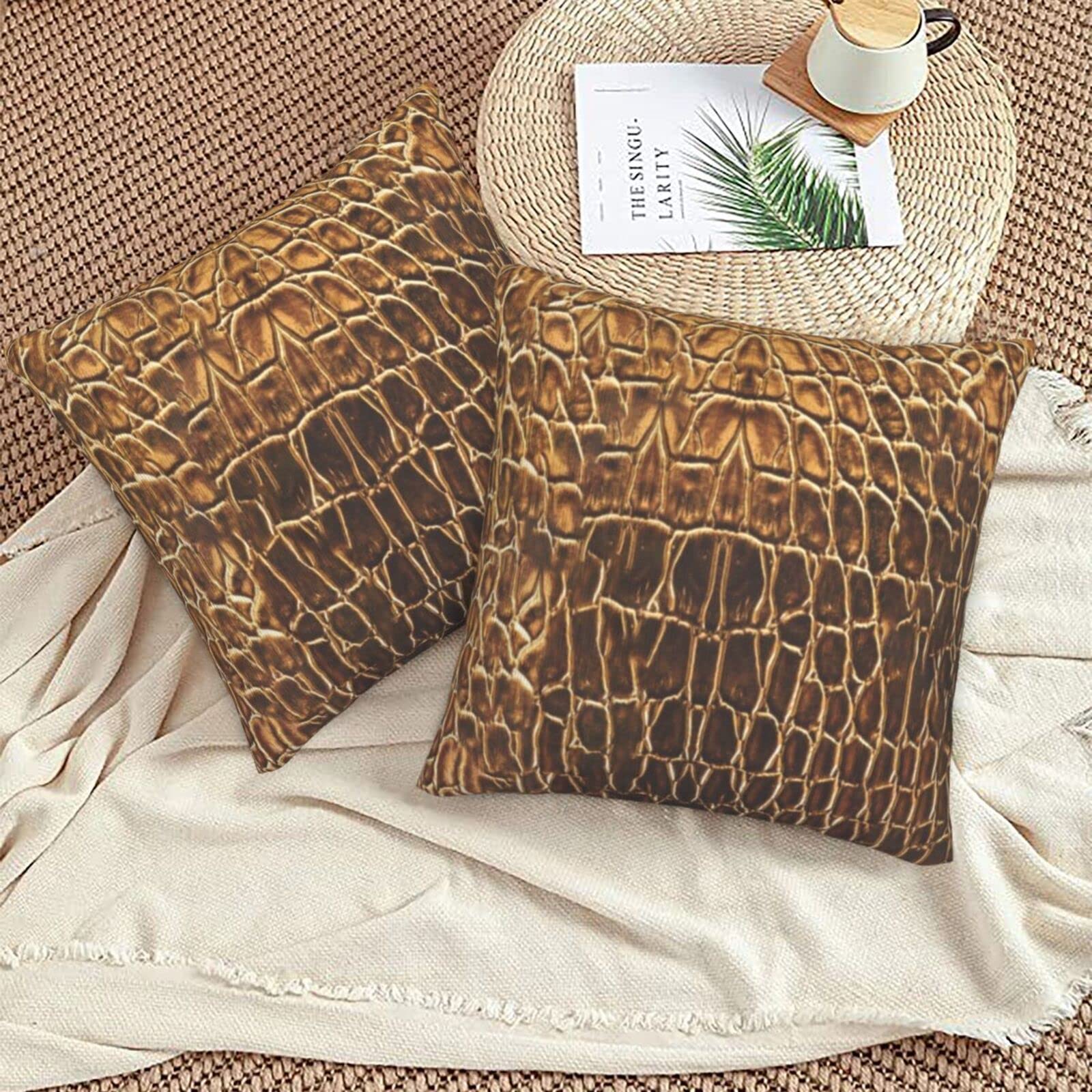 2 Pack Light Brown Alligator Skin Print Velvet Throw Pillow Covers 18x18 Inch - Soft Decorative Cushion Covers for Sofa, Bed, Couch & Car - Perfect for Living Room, Bedroom & Home Decor