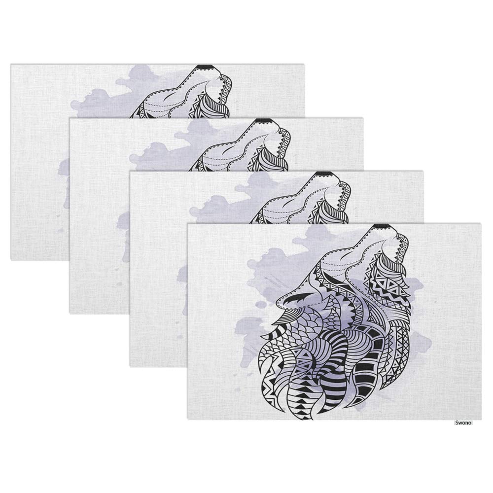 Swono Wolf Placemat Set of 4 - Premium Line Art Hand-Drawn Black Wolf Design, Oilproof & Heat-Resistant 12x18 Inch Dining Table Mats for Kitchen, Home Decor - Perfect for Dinner Parties, Daily Use & Wolf Theme Decorations