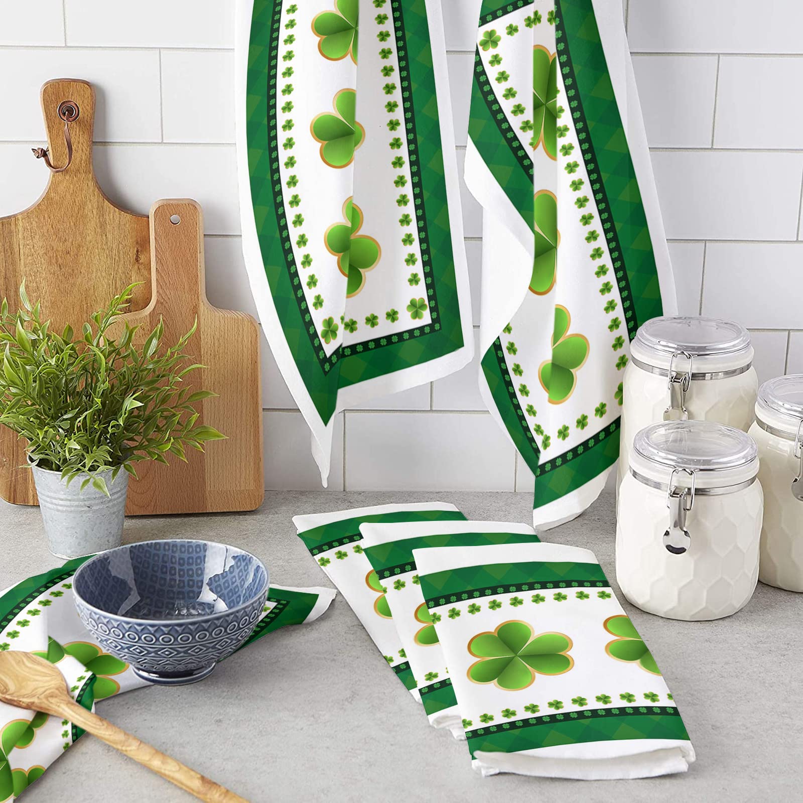 Premium Microfiber Kitchen Towels Set - 4 Pack Super Absorbent Reusable Dish Cloths (18x28 Inch) - St. Patrick's Day Green Shamrock Design for Kitchen Cleaning, Drying Dishes & Bar Use