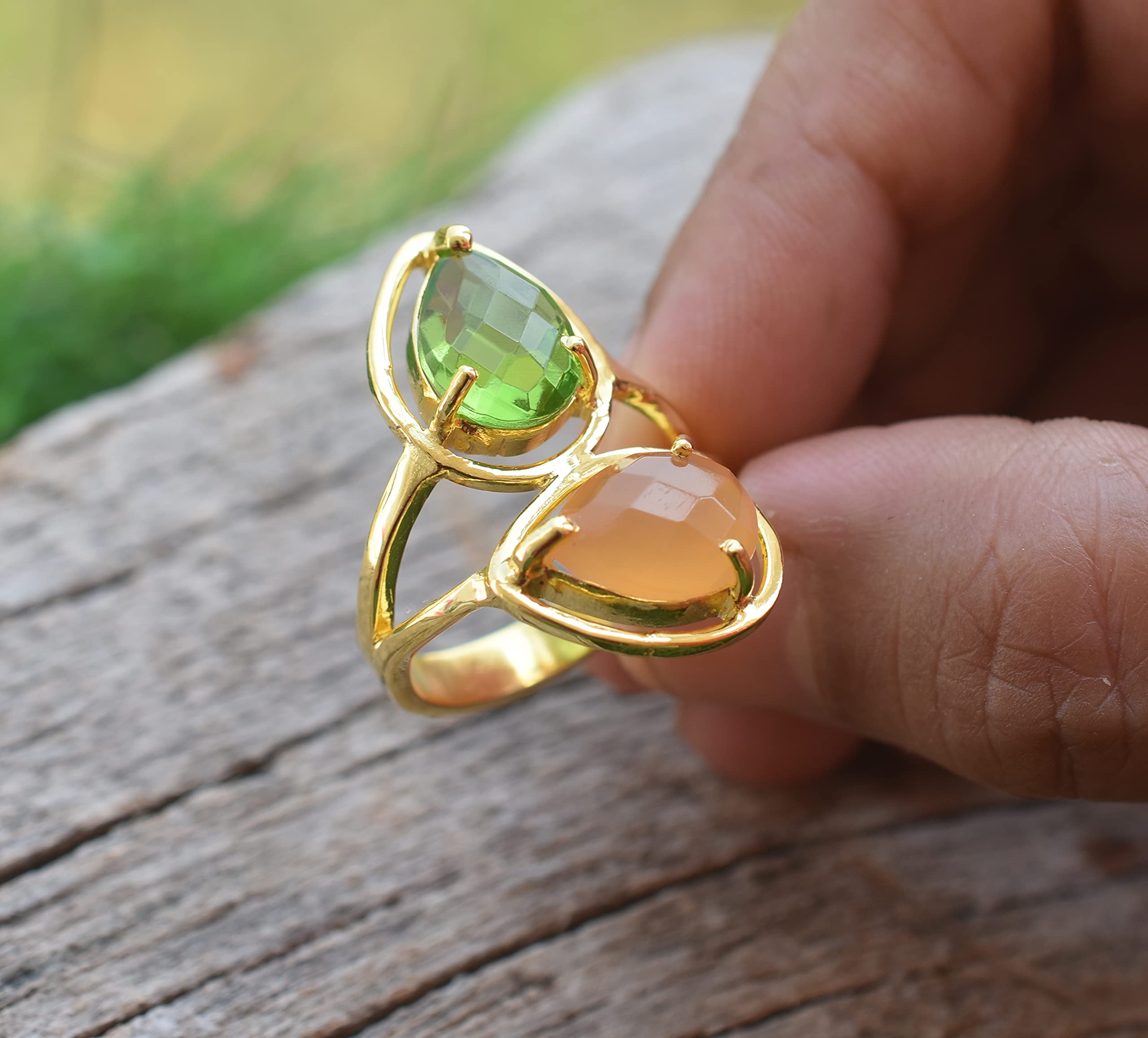 Veracity Jewelry 18K Gold Plated Peridot & Peach Moonstone Ring for Women - Handmade Multi Gemstone Ring - Elegant Gift for Girlfriend, Mother, Wife - Perfect for Weddings, Anniversaries & Special Occasions