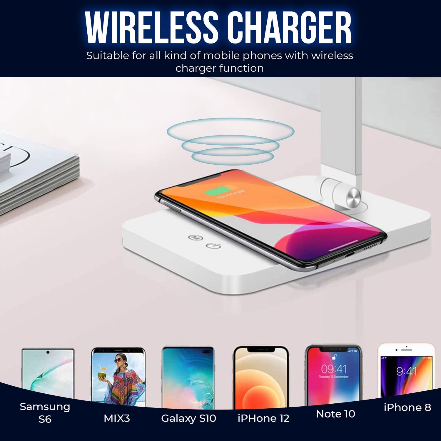 Foldable LED Desk Lamp with Wireless Charger & USB Port - 3 Adjustable Brightness Levels, Eye-Caring Table Light for Home Office, Bedroom, Study & Reading - Perfect for Night Work, Students & Remote Workers