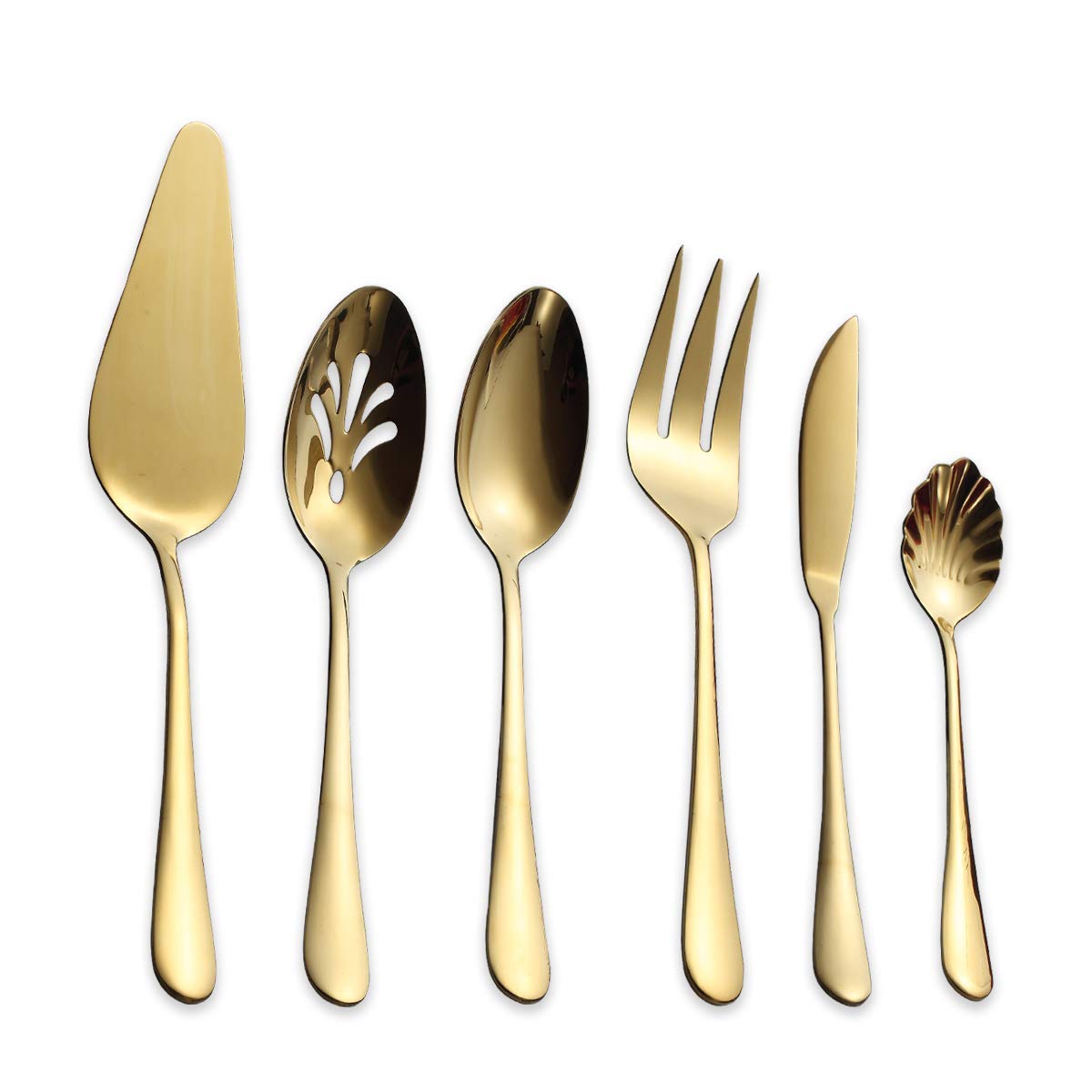 Berglander 6-Piece Stainless Steel Gold Titanium Plated Flatware Set - 5 Serving Utensils + Cake Server - Elegant Golden Silverware for Dinner Parties, Weddings & Formal Dining (Shiny Gold Finish)