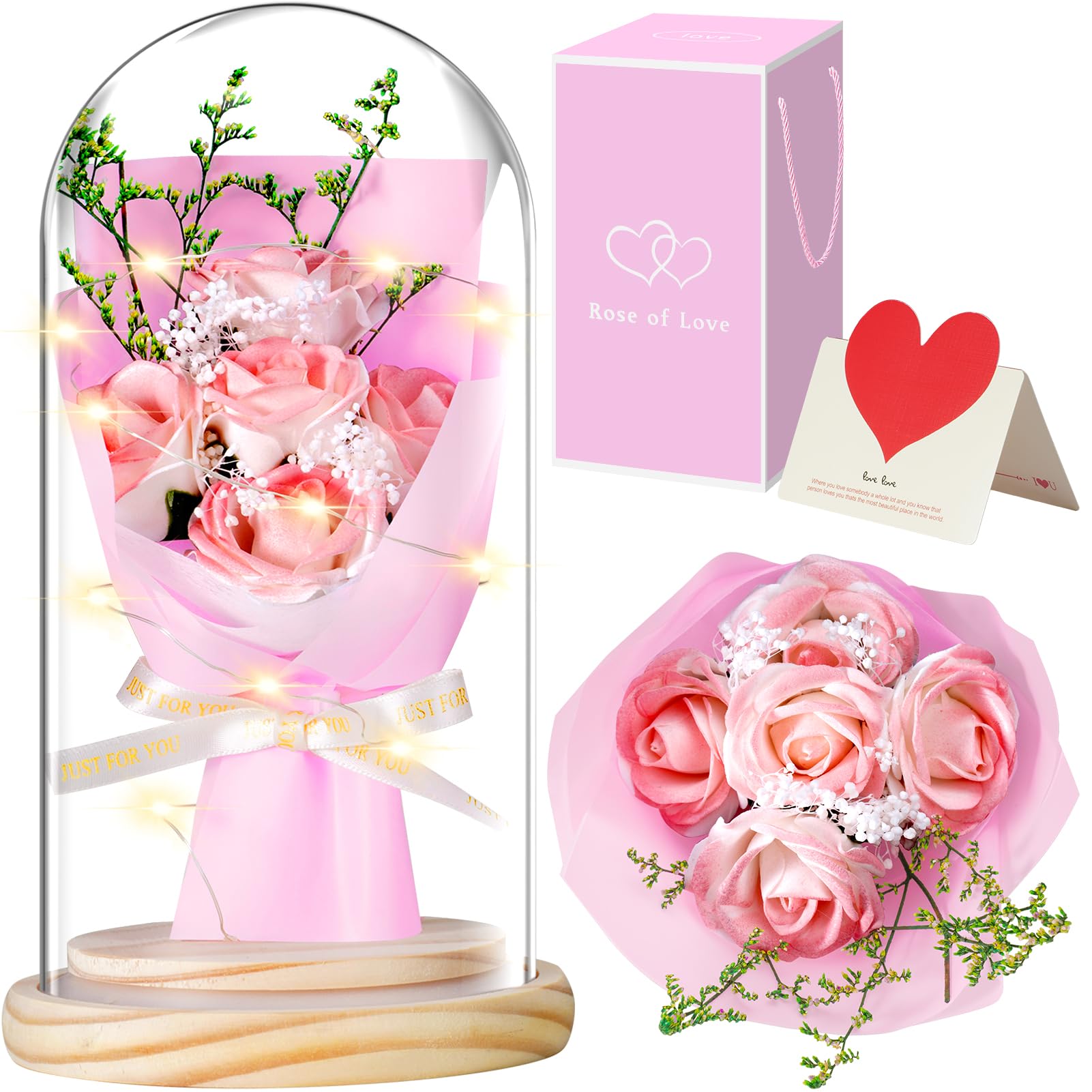 JUNYANG Preserved Rose in Glass Dome with LED Light - Eternal Pink Rose Bouquet Gift for Women, Mothers Day, Birthday, Anniversary - Perfect for Home Decor, Wedding Centerpiece, Romantic Surprise (Pink)