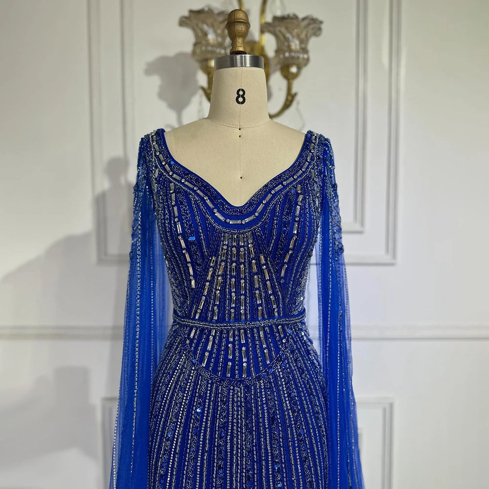 Elegant Dubai Royal Blue Beaded Arabic Evening Gown with Cape Sleeves - Luxury Women's Party Dress for Special Occasions | Perfect for Weddings, Galas & Formal Events 2025 LA72502